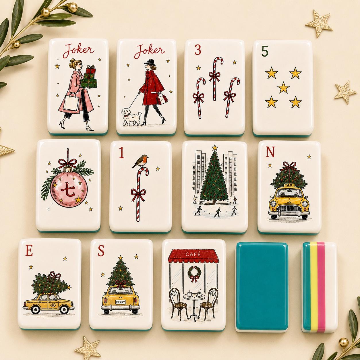 Christmas American Mahjong Set, Vintage Holiday Acrylic 160 Tile Set, European Winter Illustration Mahjong Gift for Play