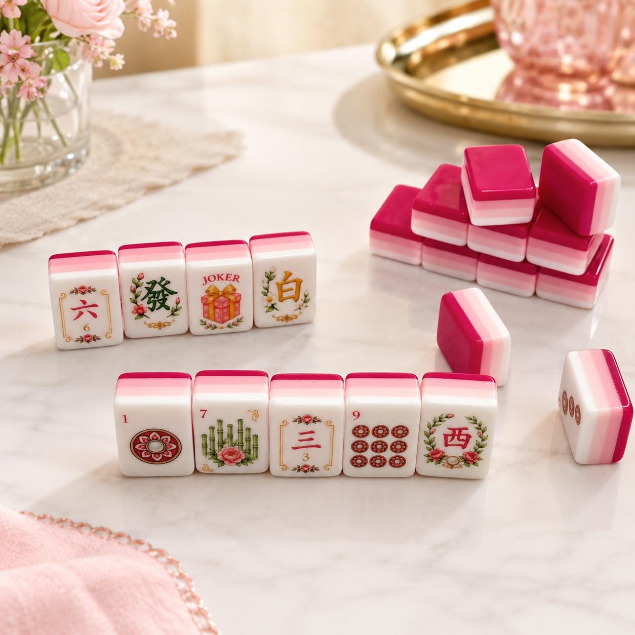 Rose Garden American Mahjong Set, Pink Floral Acrylic Mahjong Tiles, 160 Tile UV Printed Mahjongg Game, Gift for Mahjong