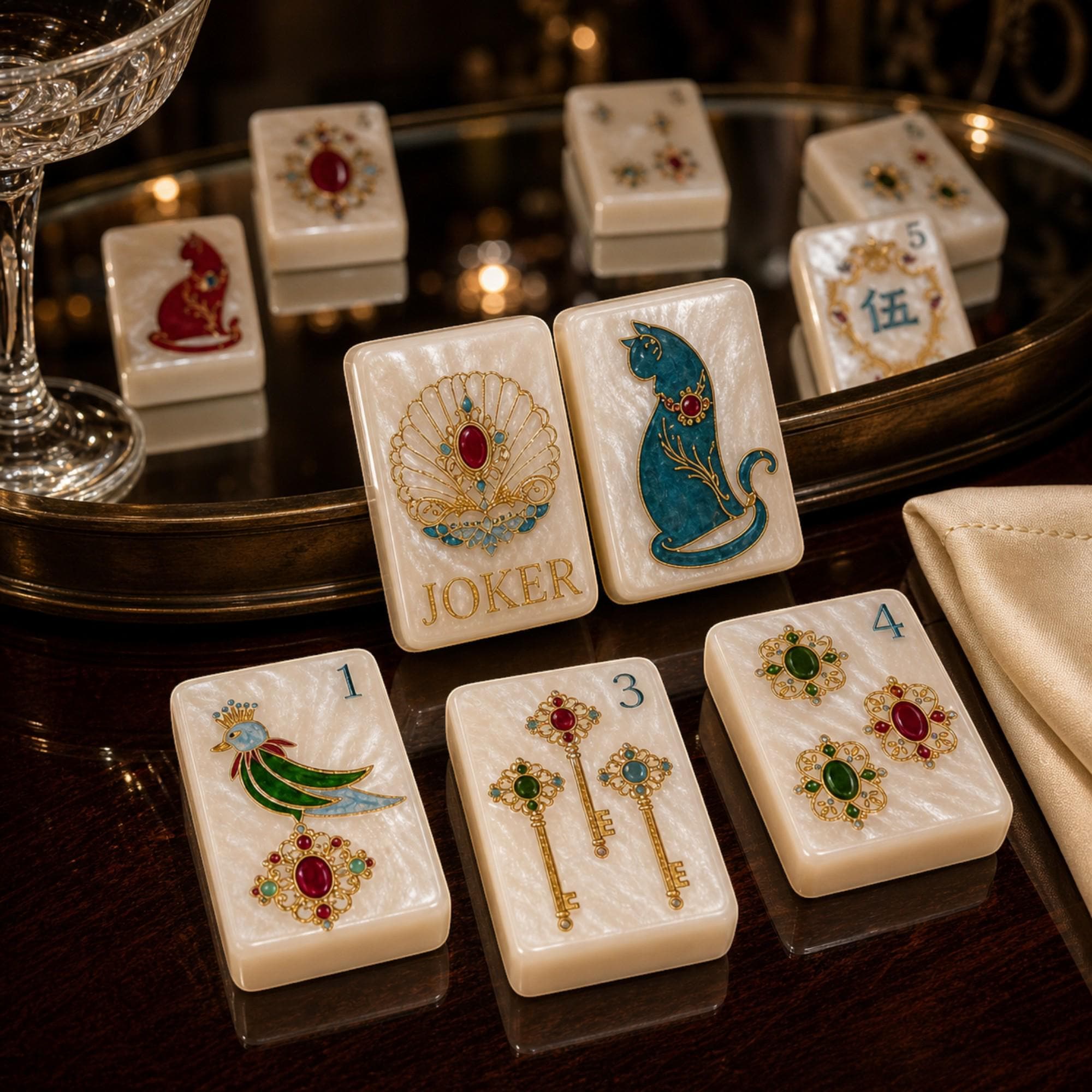 American Mahjong Set, 160 Pearlescent White Acrylic Tiles, Gold Filigree and Jewel-Inspired Designs - 6