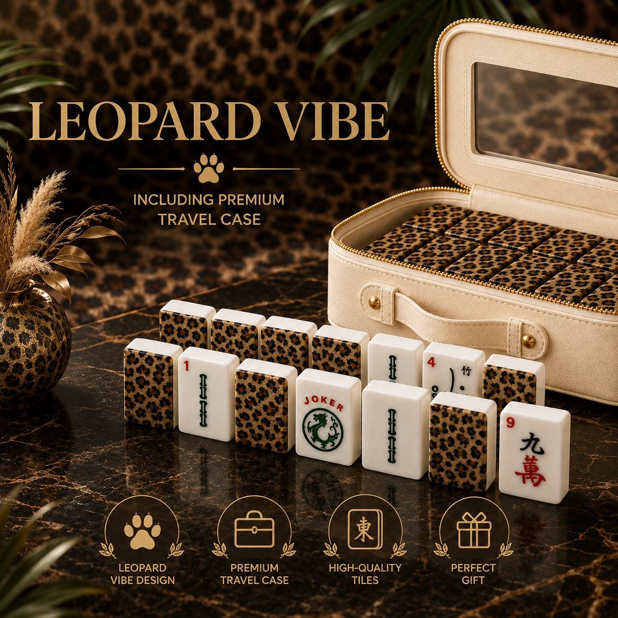 Leopard Mahjong Tiles |1.4"x1.0"x0.6" American Mahjong Acrylic Tiles with Leopard Print Backs | Preppy Luxe Mahjong Gift