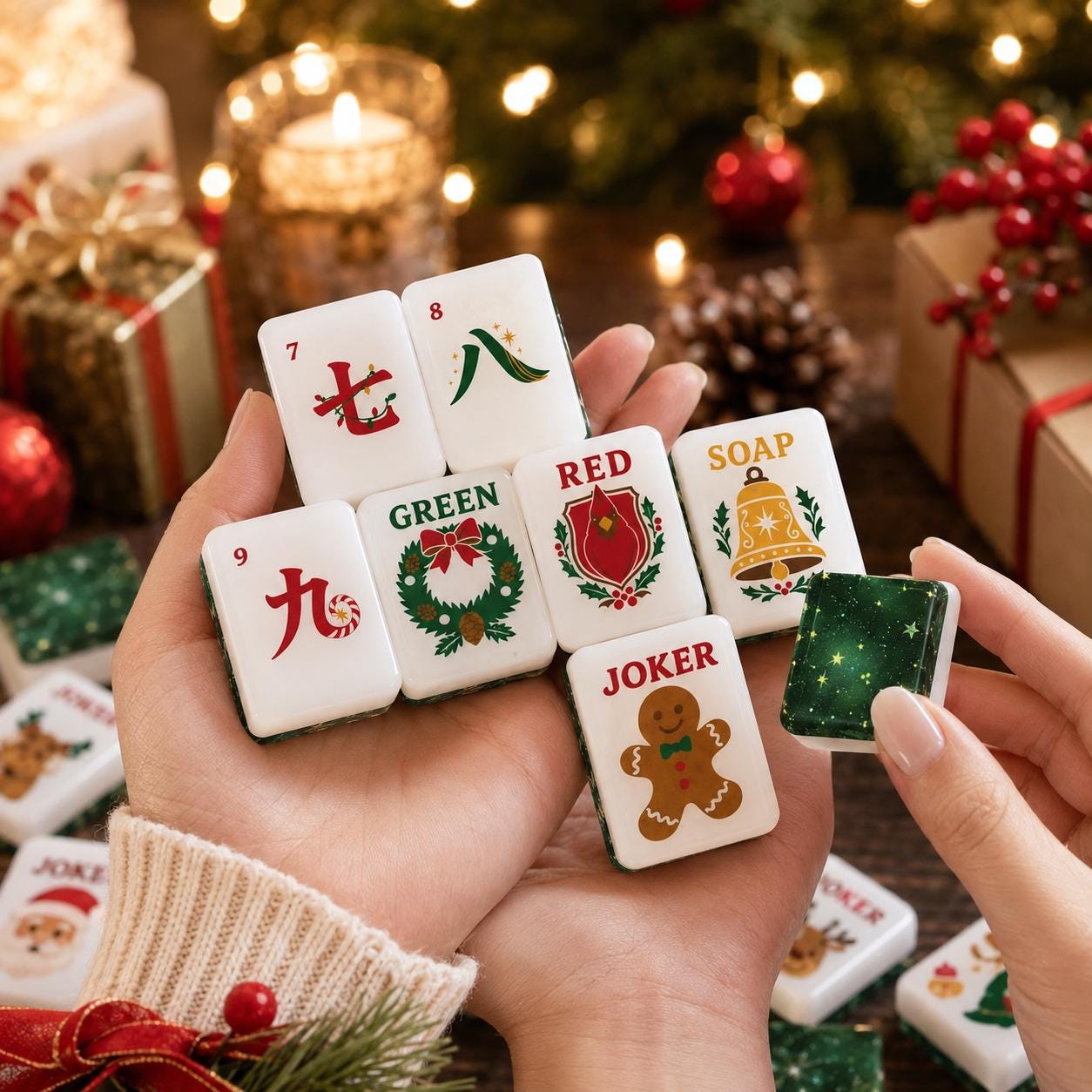 Christmas Mahjong Tiles Set, Green Glitter American Mahjong Tiles, Santa Reindeer Gingerbread Joker Tiles, Festive Holid