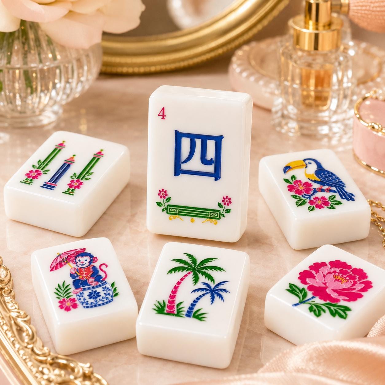 Floral Humming Bird Mahjong Tiles, Blue Marble American Mahjong Set, Pink Parasol Floral Acrylic Tiles, Grandmillennial
