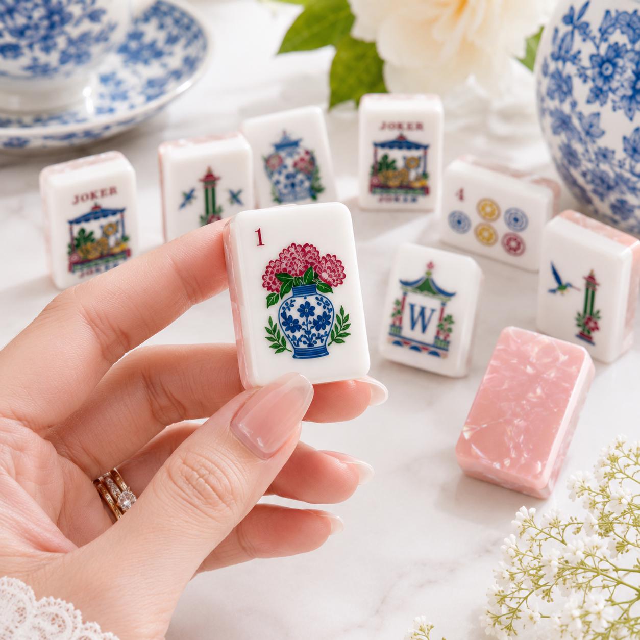 Pink Chinoiserie Mahjong Tiles 1.4"x1.0"x0.6", American Mahjong Set, Blue White Floral Acrylic Tiles, Luxury Mahjong Gif