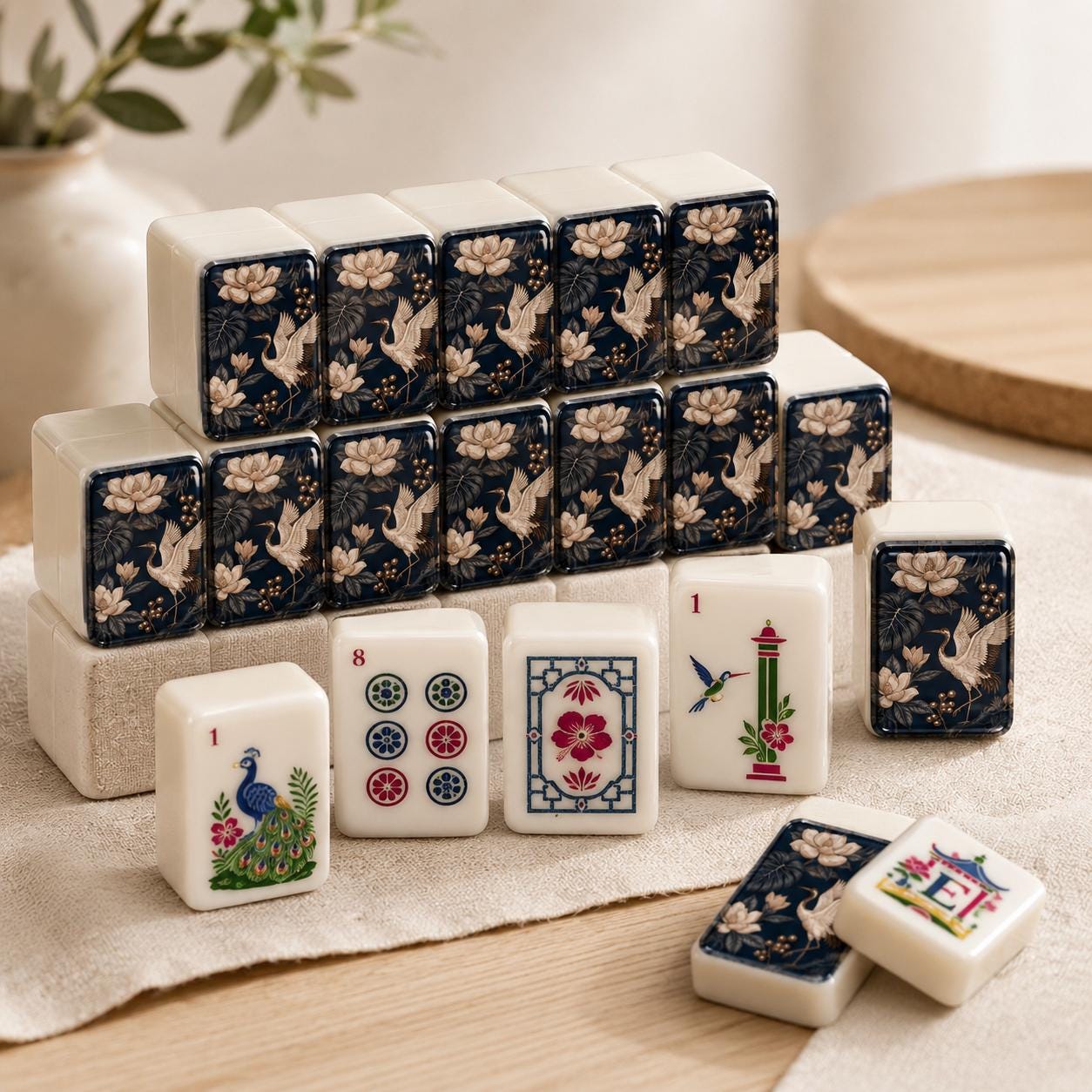 Navy Chinoiserie Crane Mahjong Tiles Set, Luxury Acrylic Mahjong Tiles, Elegant American Mahjong Set, Oriental Floral Ma