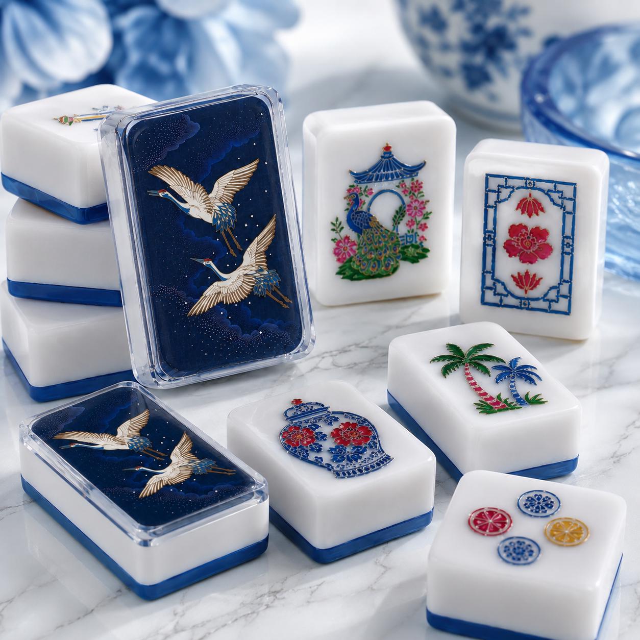 Blue White Chinoiserie Mahjong Tiles Set, Luxury Acrylic Mahjong Tiles, Peacock Floral American Mahjong Set, Elegant Ori