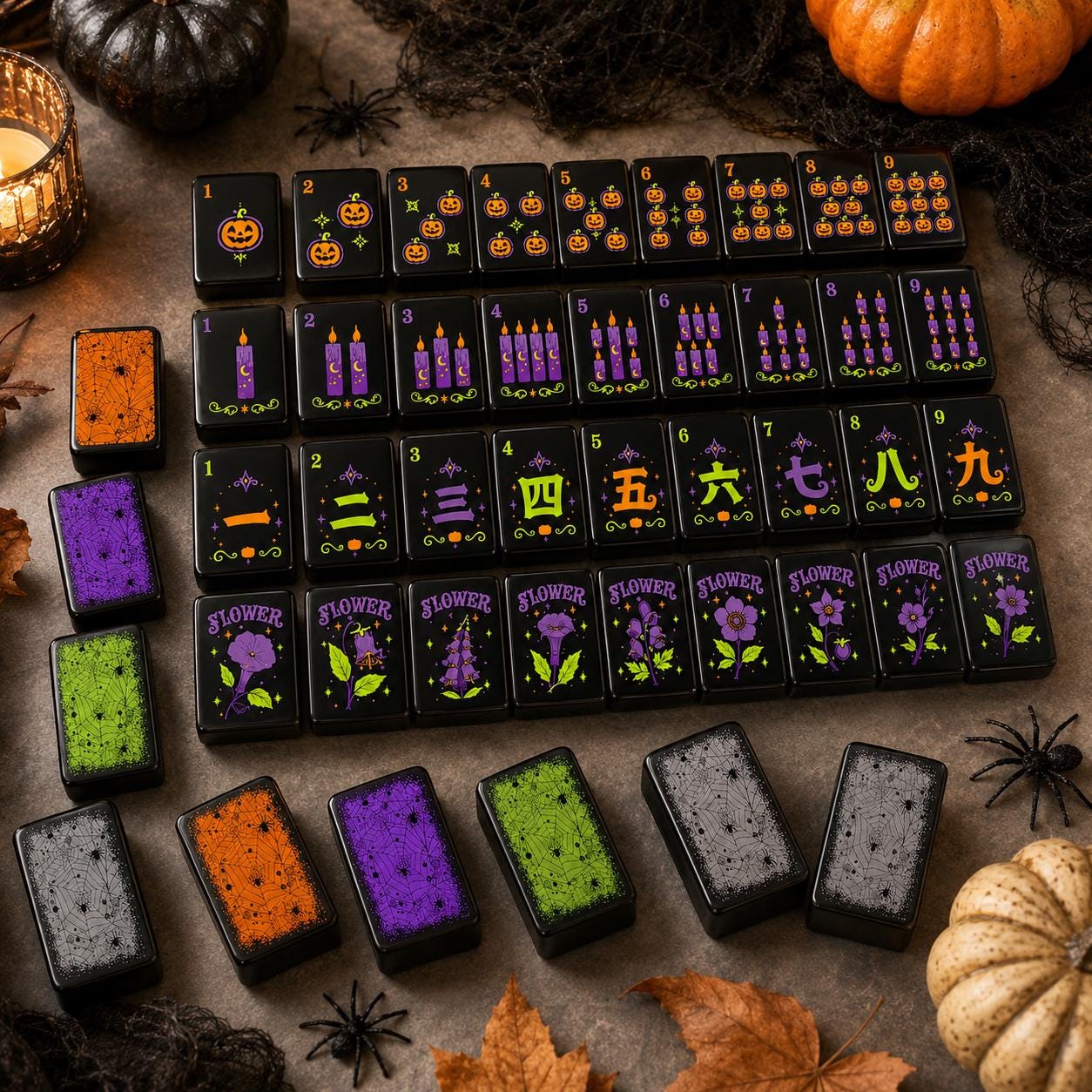 Halloween Mahjong Tiles Set, Spooky Acrylic Mahjong Tiles, Black Halloween American Mahjong Set, Witchy Pumpkin Mahjong