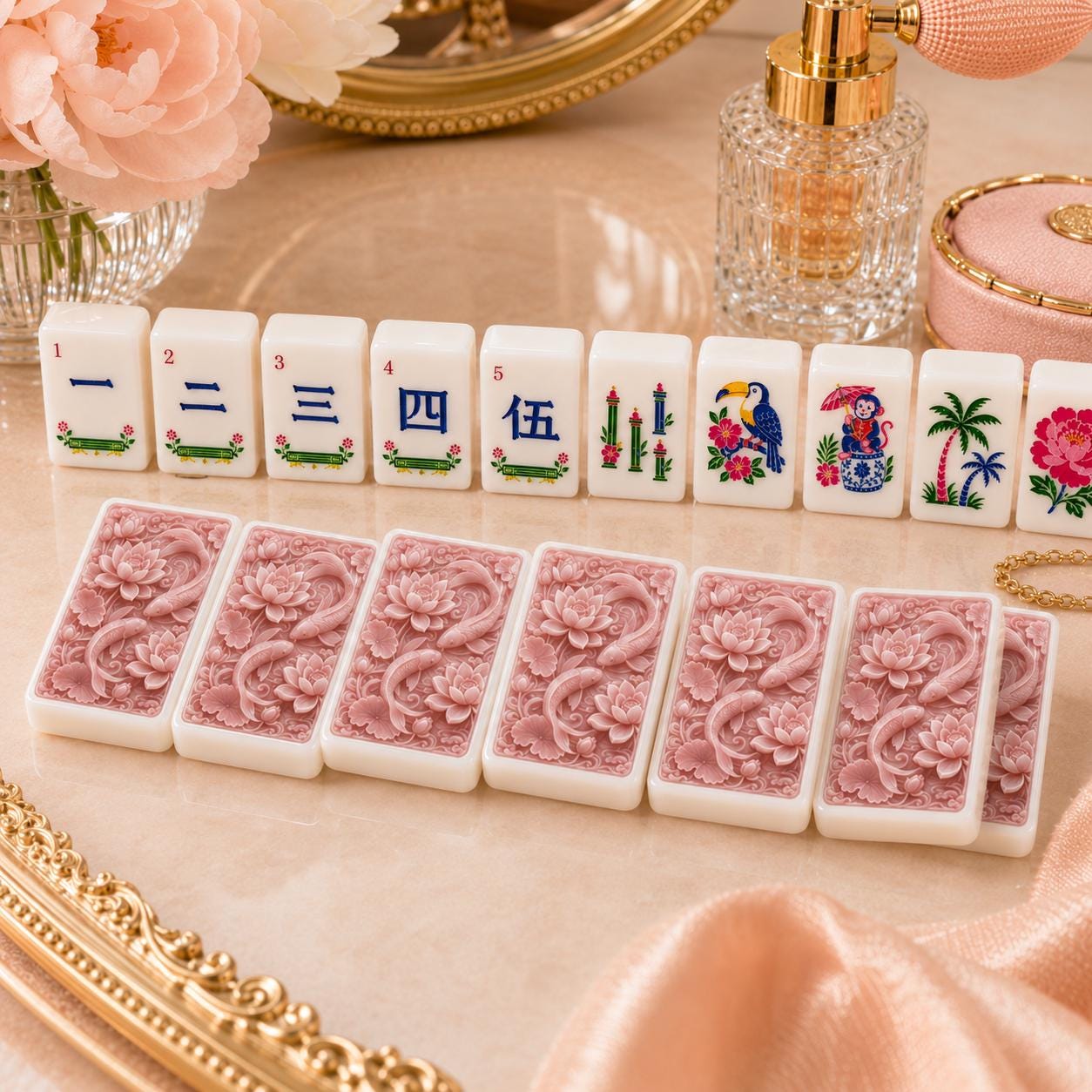 Pink Koi Lotus Mahjong Tiles Set, Luxury Acrylic American Mahjong Tiles, Floral Chinese Inspired Game Set, Elegant Mahj