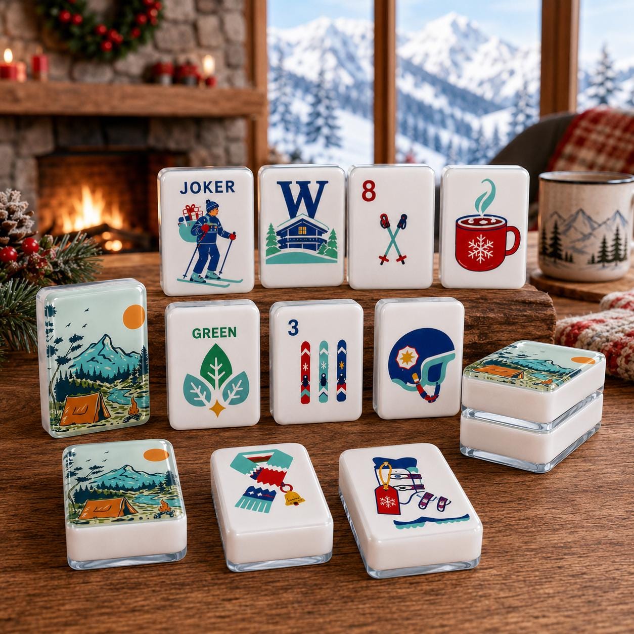 Ski Camping Mahjong Tiles Set, Winter Outdoor American Mah Jongg Set, Acrylic Mahjong Tiles, Adventure Camp Design - 6