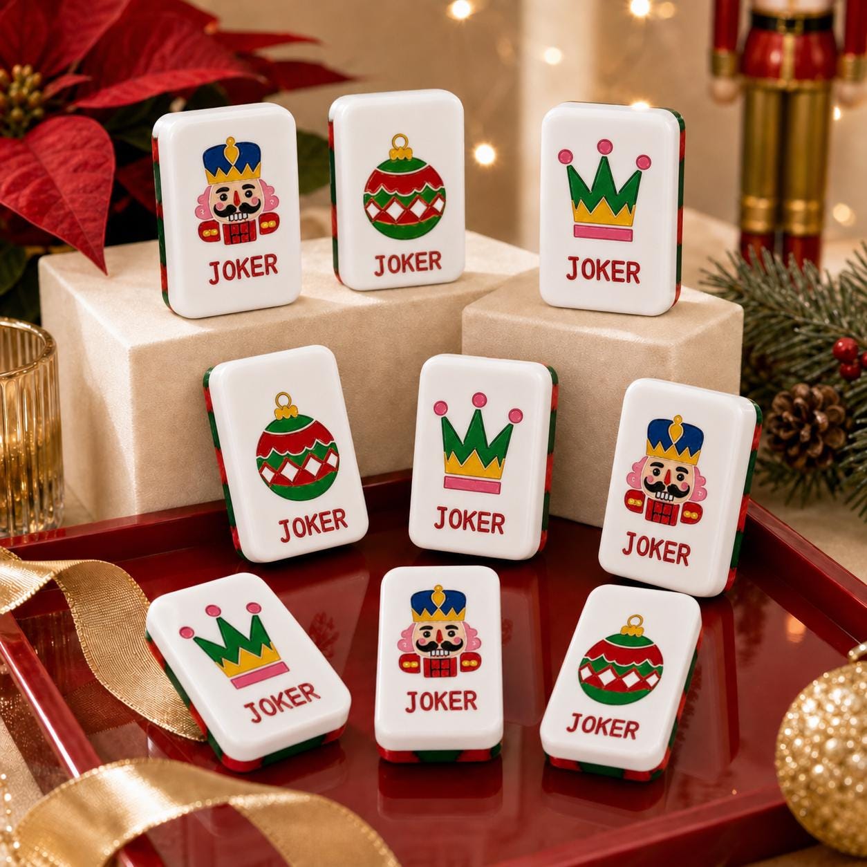 Pink Chinoiserie Christmas Mahjong Tiles Set | 1.4"x1.0"x0.6" Acrylic American Mah Jongg Tiles | 160 pc Holiday Mahjong