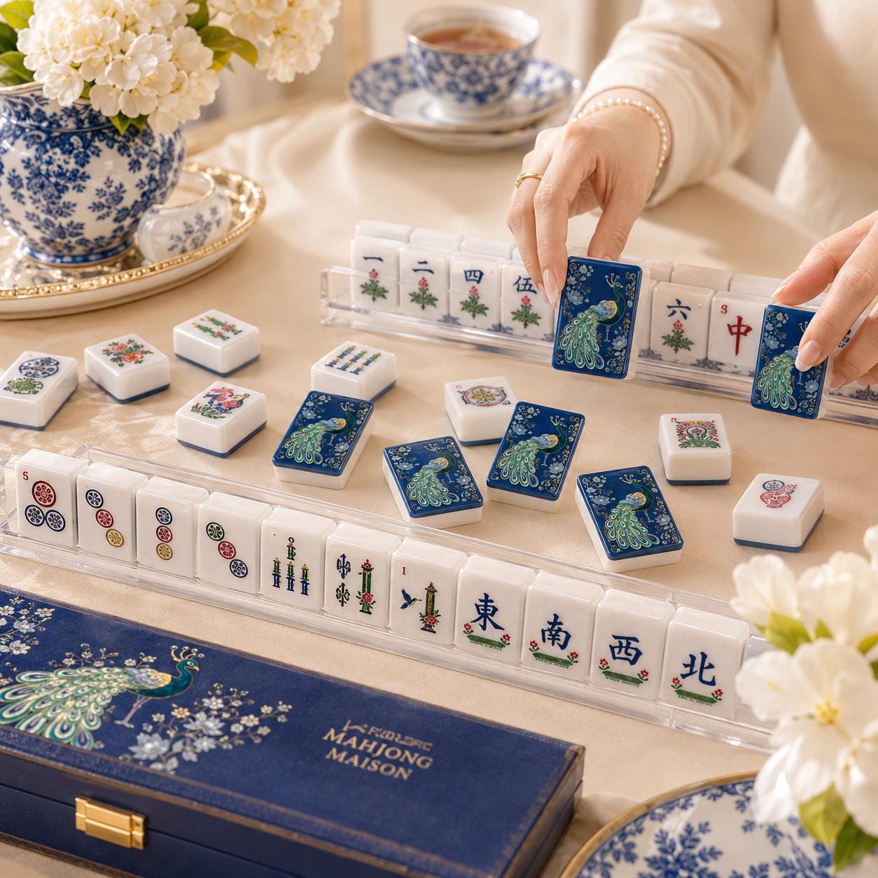 Peacock Mahjong Tiles Set, Blue Chinoiserie Game Set, 1.4"x1.0"x0.6" 160pc Acrylic American Mah Jongg Tiles, Elegant Gif
