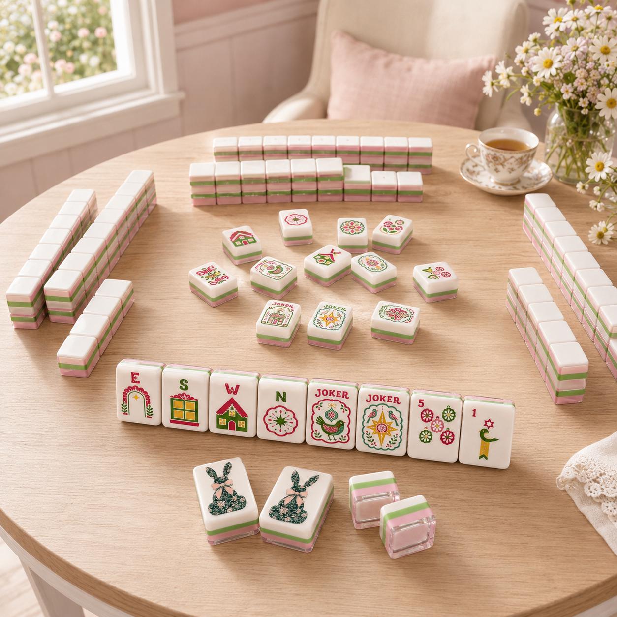 Floral Bunny Mahjong Tiles, Pink Green Rabbit Mahjong Set, Coquette Spring Mahjong Tiles, Cottagecore Mahjong Gift for H