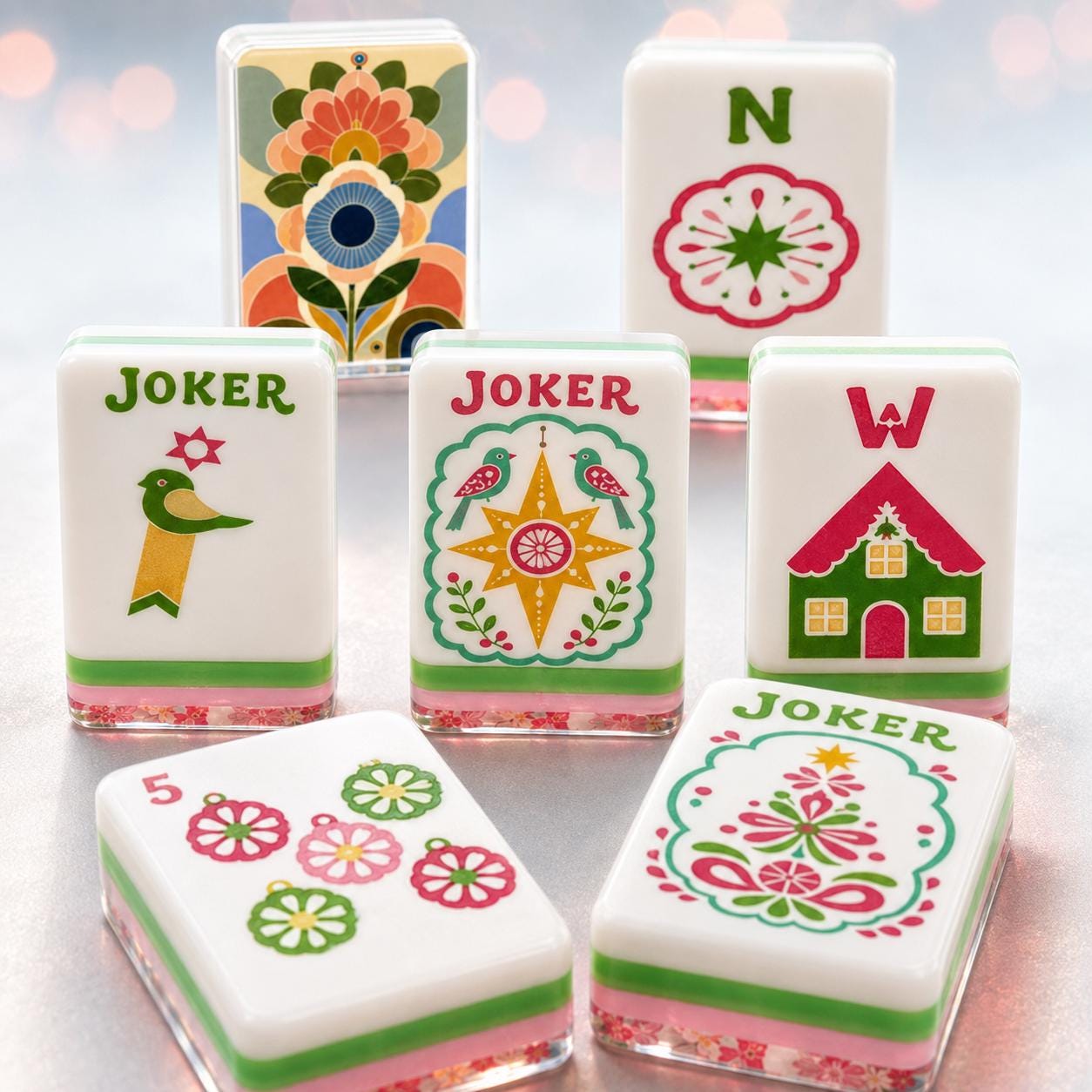Retro Floral Mahjong Tiles, Mid Century Flower Mahjong Set, Pink Green Acrylic Game Tiles, Colorful Vintage Mahjong Love