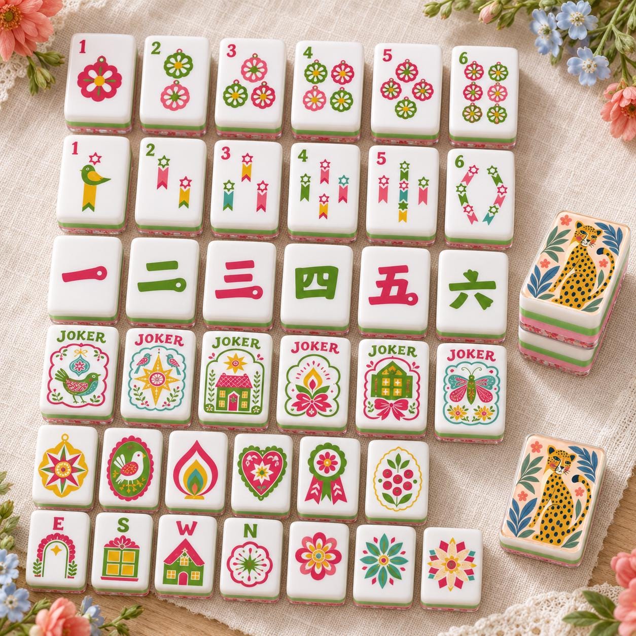 Leopard Mahjong Tiles Set, 4 Layer Acrylic Mahjong Tiles, Colorful Folk Art Jungle Mahjong Set, Pink Green Mahjong Tiles