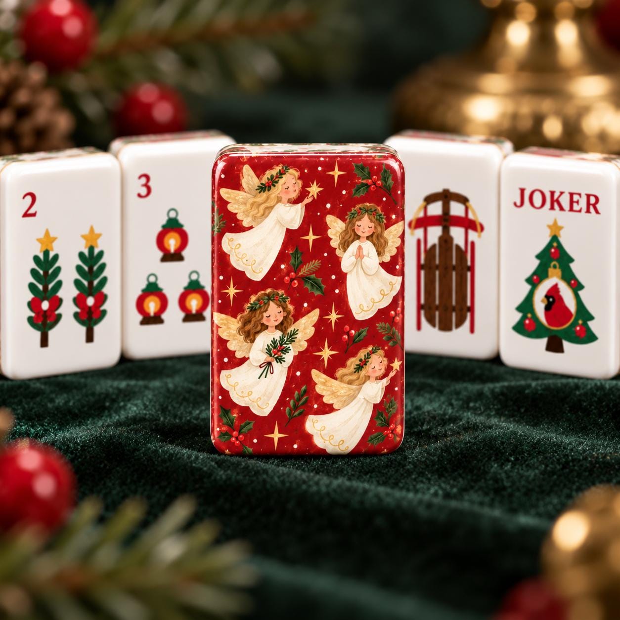 Christmas Angel Mahjong Tiles, 1.4" Cardinal Joker Mahjong Set, Red Holiday Mah Jongg Tiles, Vintage Christmas Mahjong G