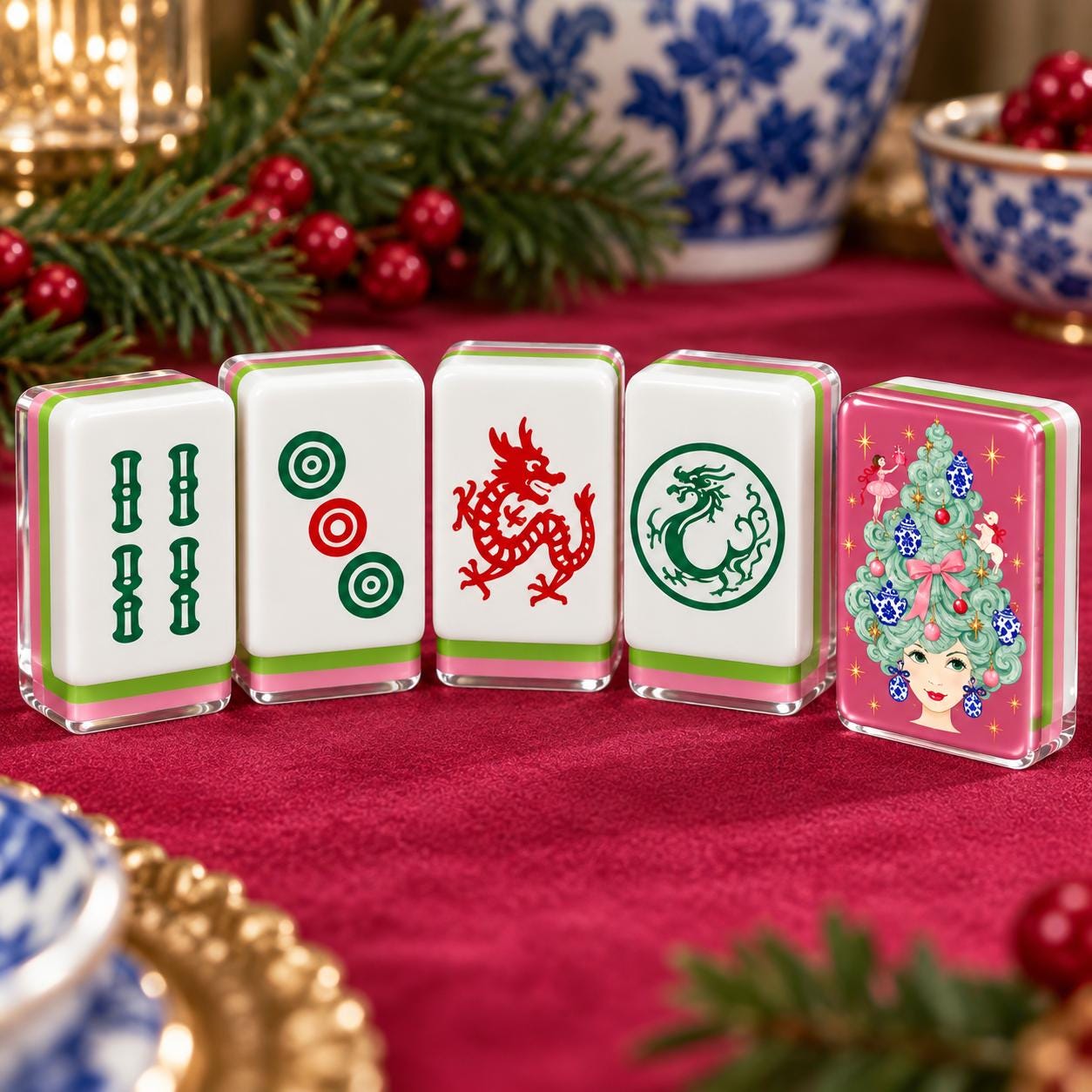 Pink Chinoiserie Christmas Mahjong Tiles, 4-Layered Holiday Mahjong Set, Ginger Jar Christmas Tree Tiles, Preppy America