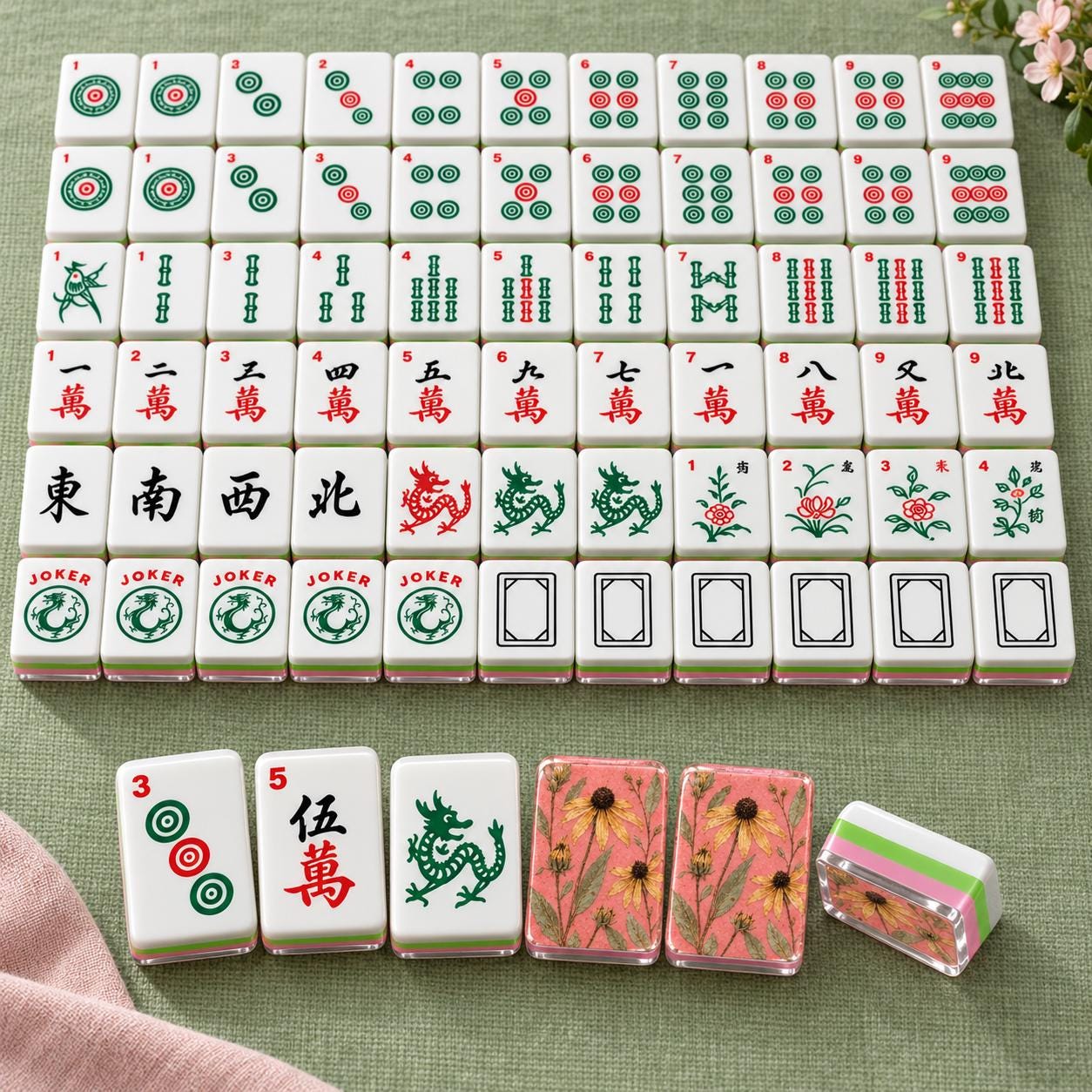 Pressed Flower Mahjong Tiles, 4-Layered Acrylic American Mahjong Set, Pink Botanical Tile Set, Floral Mahjong Gift, Host