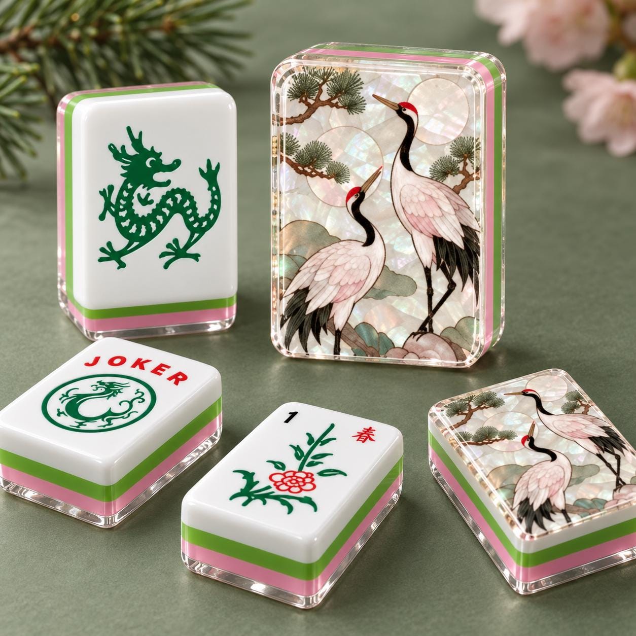 Crane and Pine Mahjong Tiles, 4-Layer American Mahjong Set, Faux Mother of Pearl Design, Pink and Green Chinoiserie, Hos
