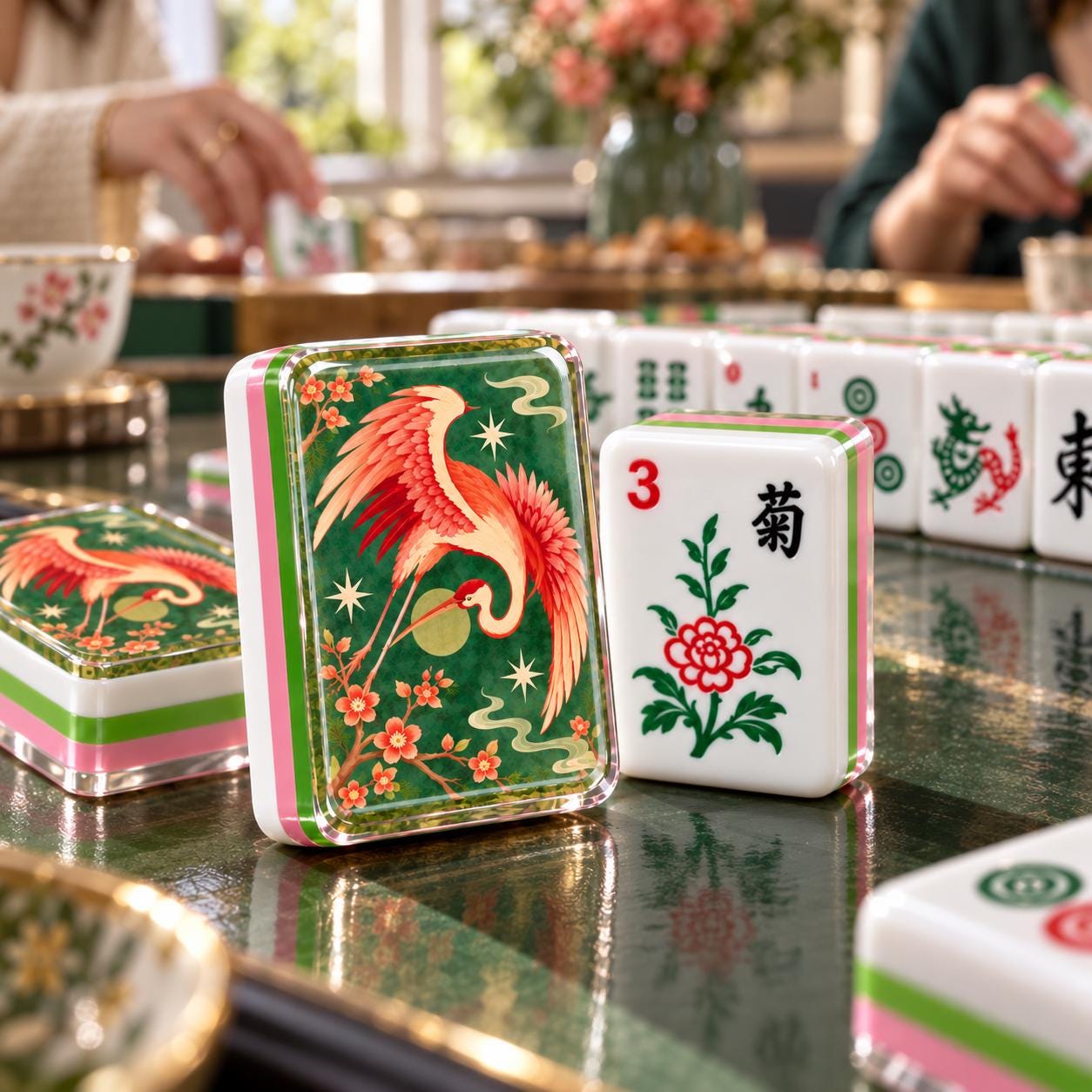 Crane Cherry Blossom Mahjong Tiles, Pink Green Chinoiserie 4-Layer American Mahjong Set, Mahjong Gift for Her - 6