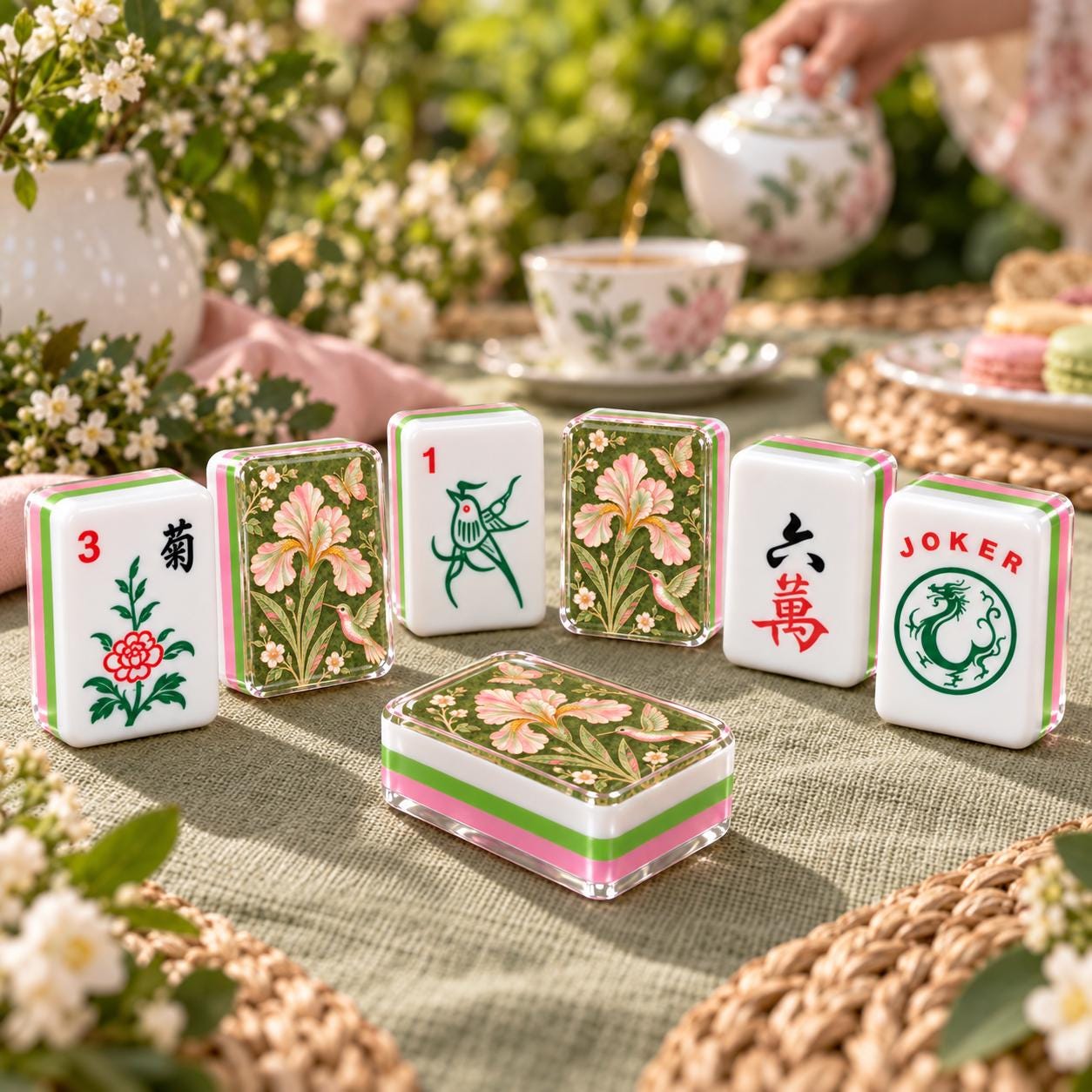 Green Floral Mahjong Tiles, Pink Green Iris Hummingbird Mahjong Set, 4-Layer Acrylic Mahjong Tiles, Mahjong Gift for Her