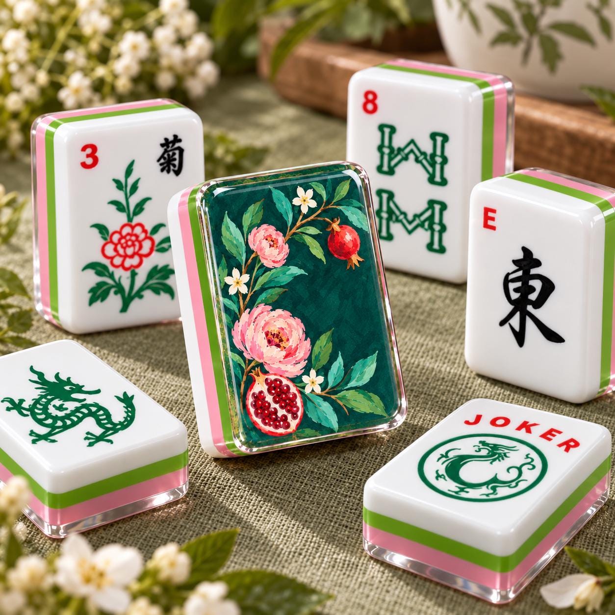 Pomegranate Floral 4-Layer Mahjong Tiles, Fall Botanical American Mahjong Set, Pink Green Acrylic Mahjong Tiles, Mahjong