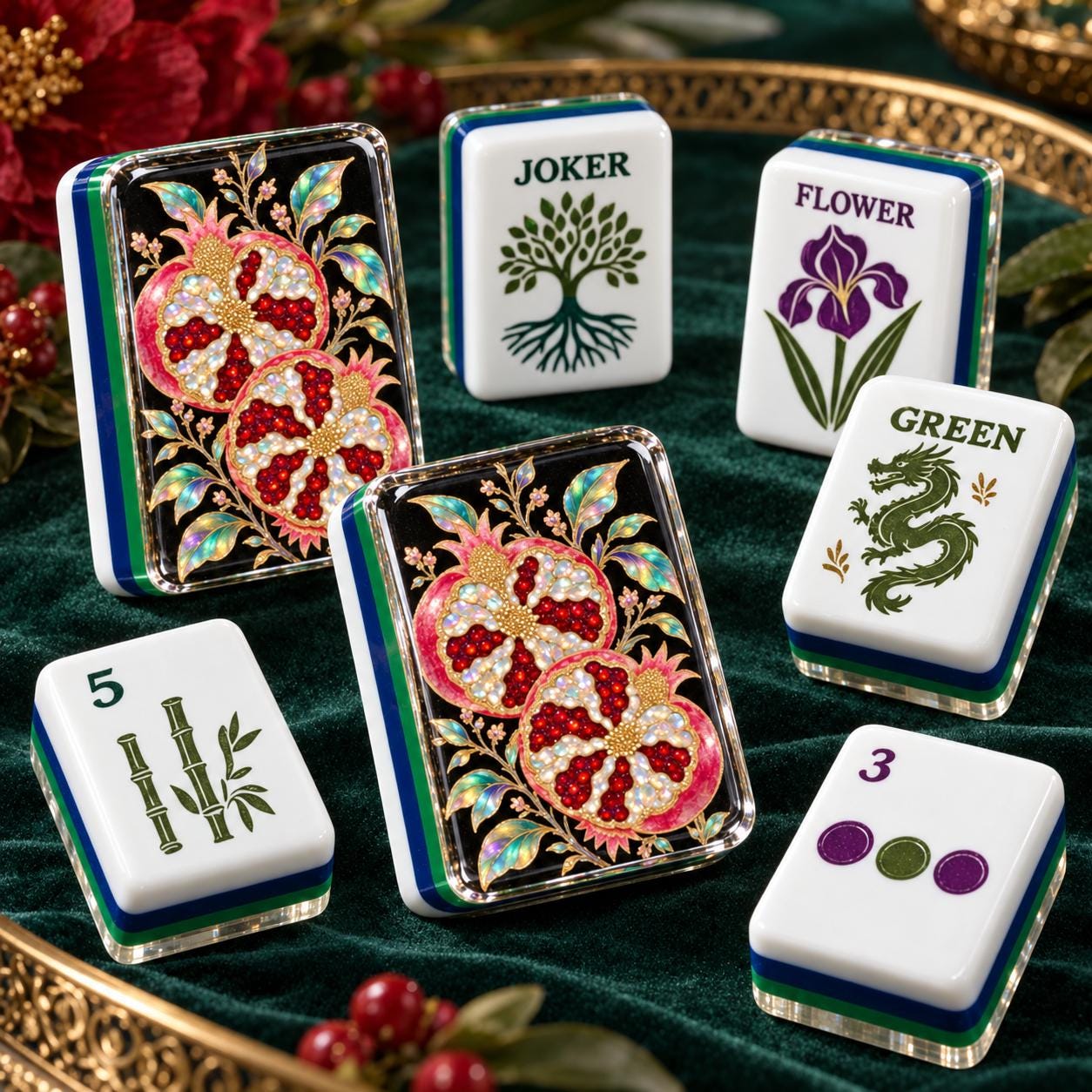 Pomegranate Mahjong Tiles, 4-Layer American Mahjong Set, Fall Inspired Botanical Fruit Acrylic Tiles, Mediterranean Mahj