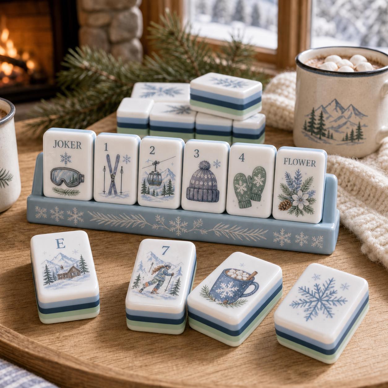 Winter Wonderland Mahjong Set, Custom Ski Resort Tiles with Snowflakes, Skiers, Gift For Mahjong Enthusiasts, Housewarmi