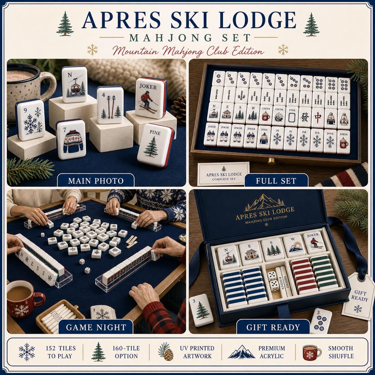 Winter Ski Resort American Mahjong Set, Cozy Alpine Themed Tiles, Mountain Cabin & Pine Trees, Holiday Gathering, Family