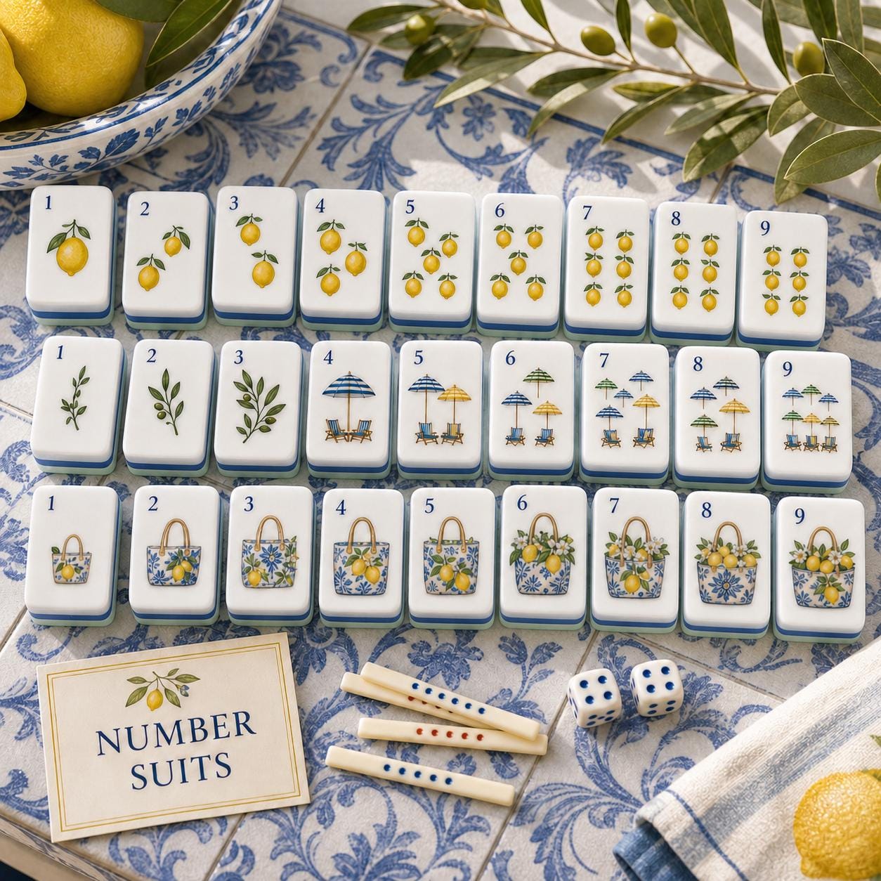 Amalfi Lemon Resort Mahjong Set, American Style Tiles with Lemon, Lemon & Olive Mahjong , Elegant Coastal , Limoncello C