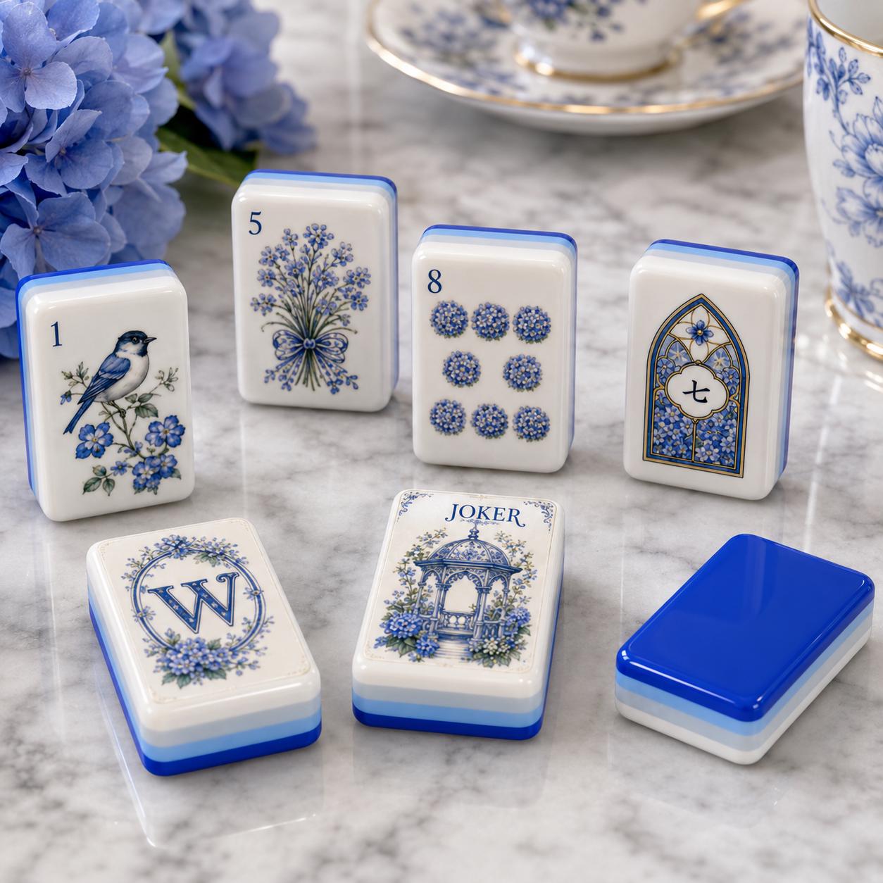 Hydrangea Acrylic American Mahjong Set, 160 Tile Blue & White Floral Mahjong Tiles,Porcelain Inspired Butterfly Design,U