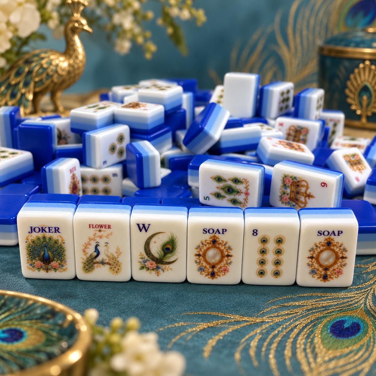 Peacock American Mahjong Set, Blue Gold Tiles, Luxury Mahjong Gift for Women, Custom Bulk Mahjong, Mahjong Club Gift - 6