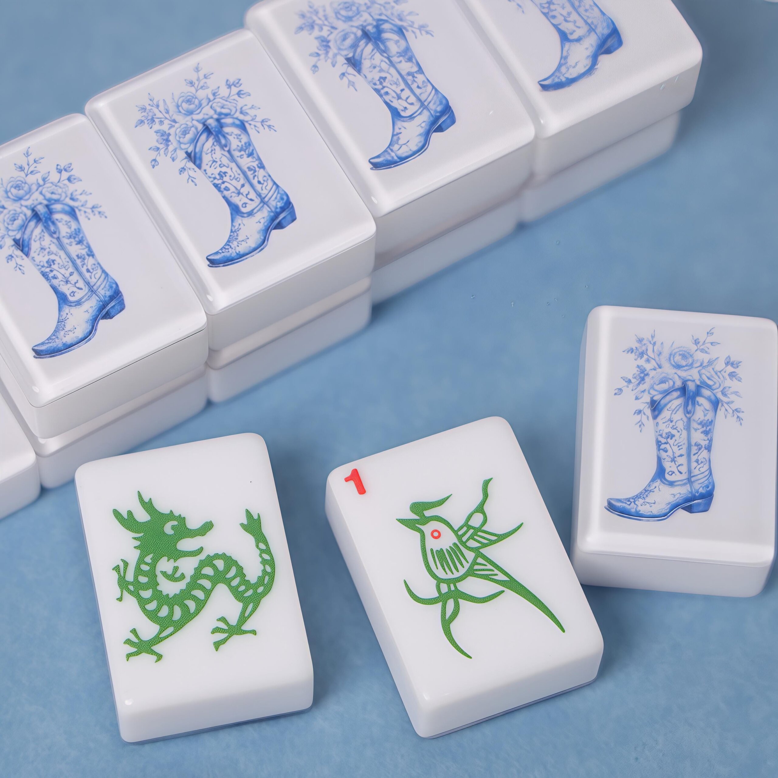 Blue Porcelain American Mahjong Set, Cowboy Boot Floral Tiles, Western 160 Tile Game Gift for Mahjong Players - 7