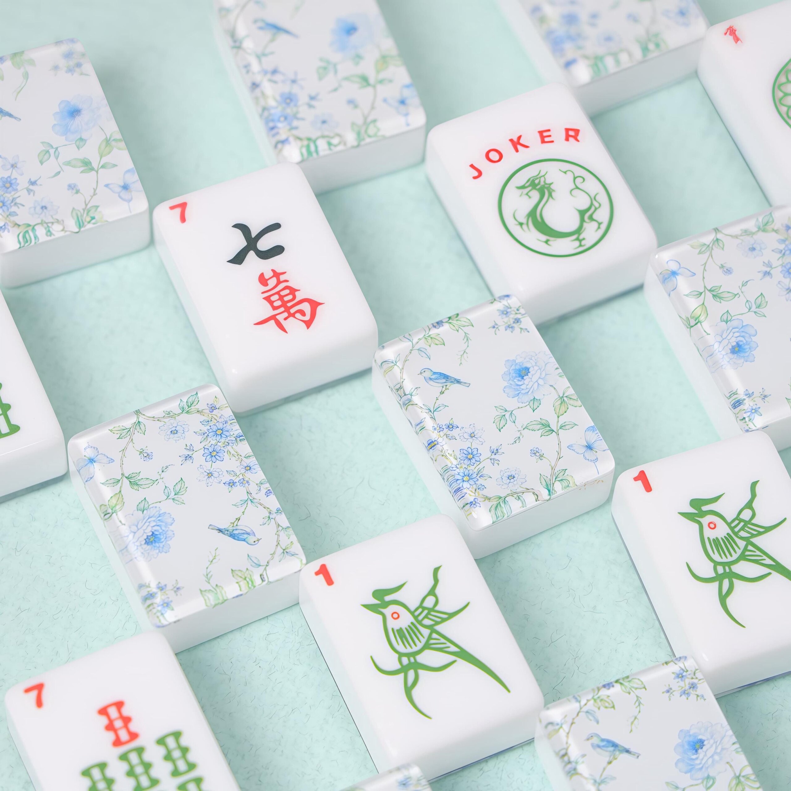 Blue Floral American Mahjong Set, Glossy Acrylic Tiles, Botanical Bird 160 Tile Game, Gift for Mahjong Lovers and Collec