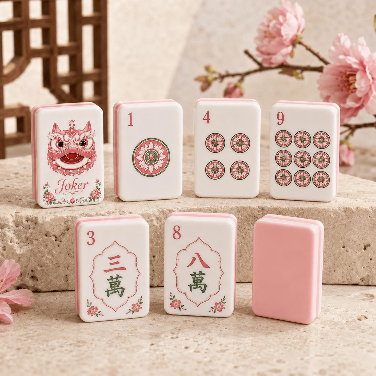 Lion Dance Mahjong Set, Pink Chinese Inspired American Mahjong Tiles, Floral Asian Style Acrylic Game Set, Unique Gift -