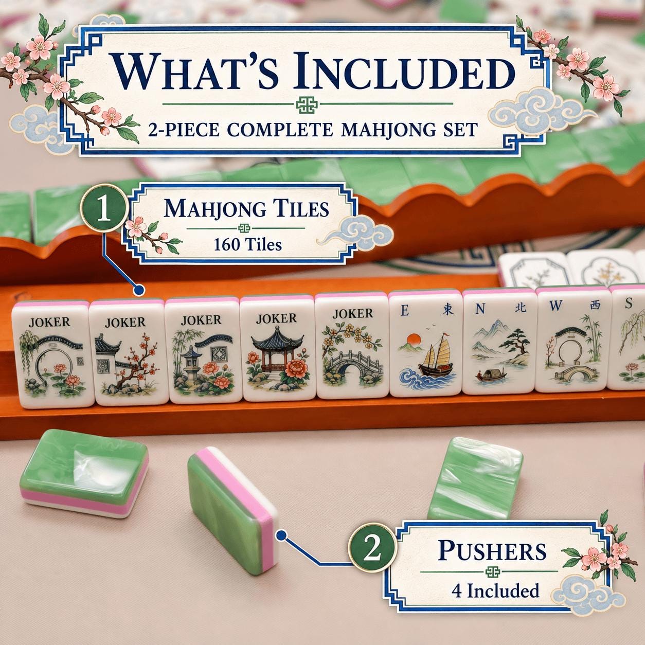 American Mahjong Set, 160 Acrylic Tiles, Retro Chinese Garden Art, Green Layered Edge, Mahjong Gift for Women and Game N