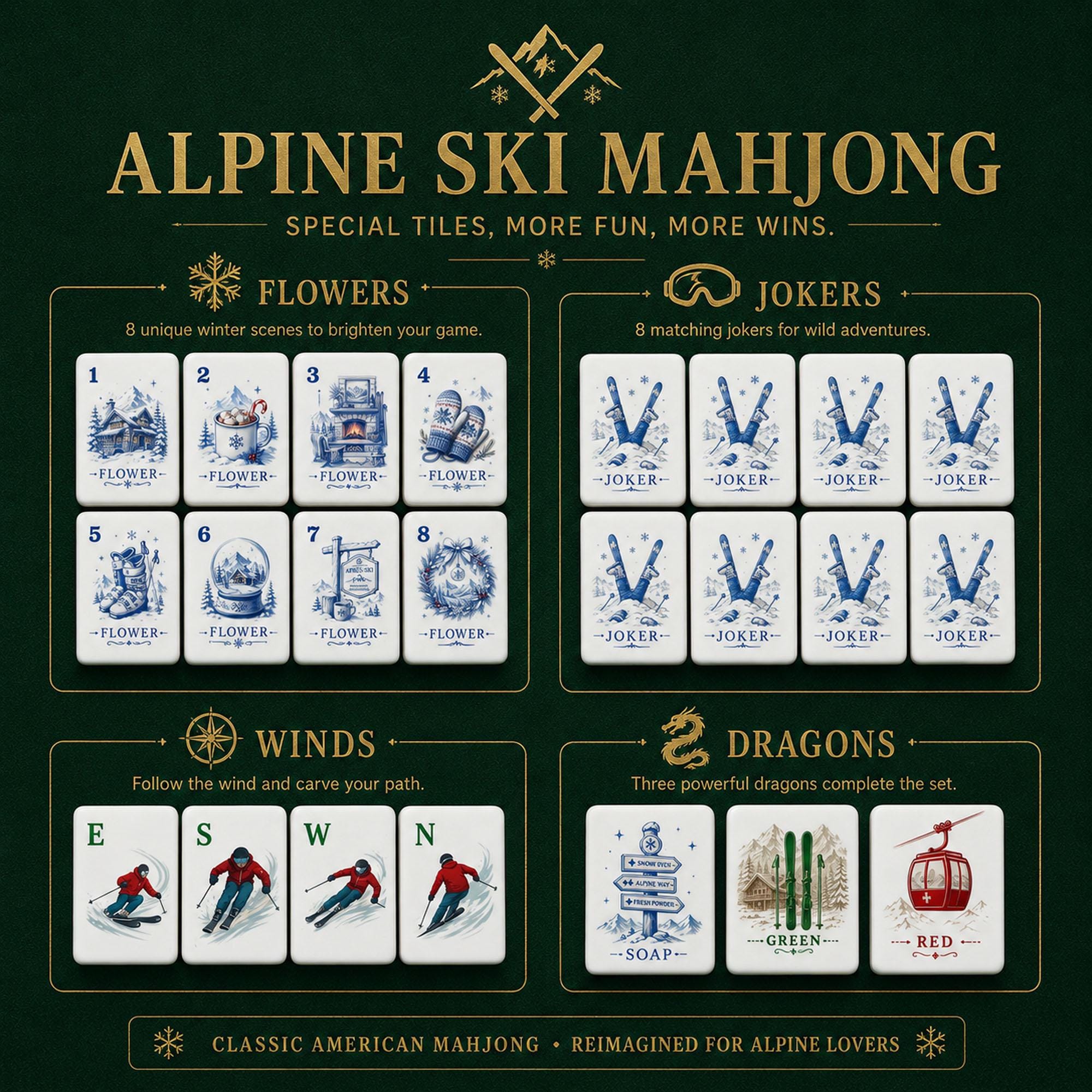 Ski Themed Mahjong Tile Set, 152 or 160 Tiles UV Print Mahjong Tiles, Gift for Ski Lovers - 7