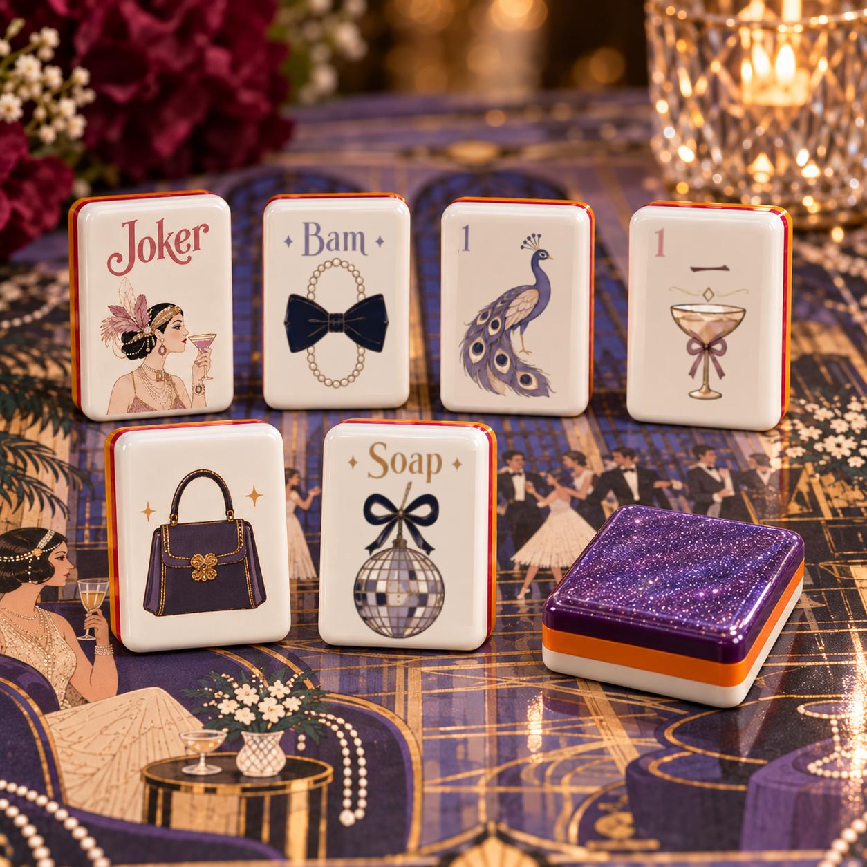 Cocktail Mahjong Set American Mahjong Tiles, Purple Luxury Design with Vintage Evening Party Style, Elegant Classic Game