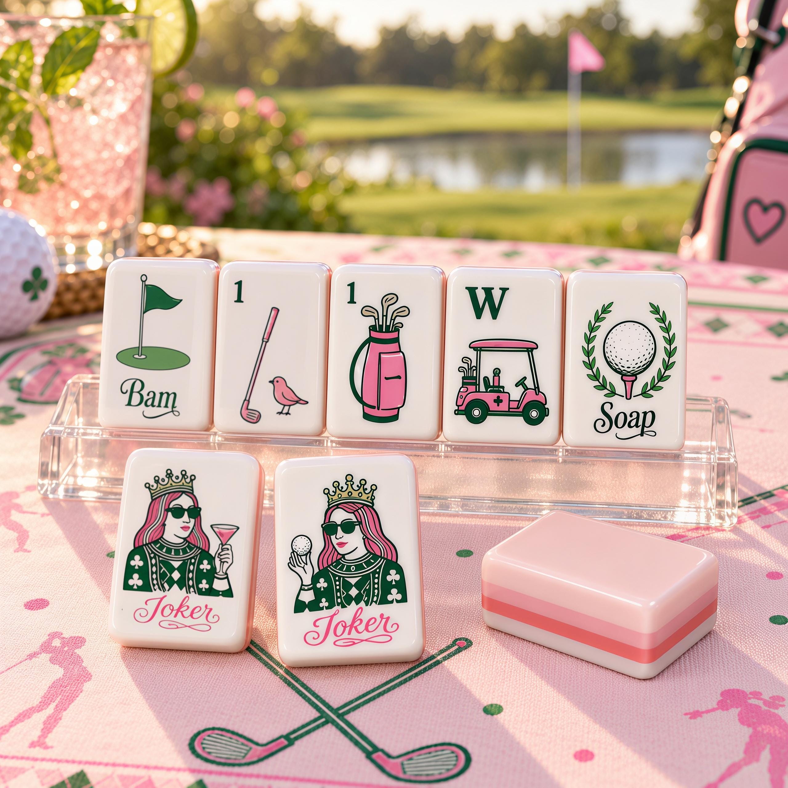 Pink Golf Mahjong Set, Luxury Country Club American Mahjong Tiles, Feminine Golf Theme Game Set with Preppy Sports Inspi