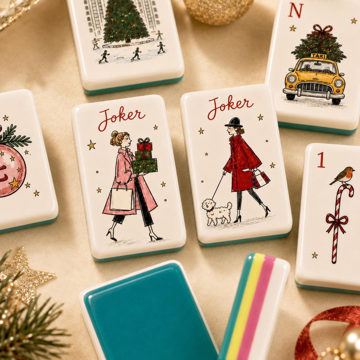 Christmas American Mahjong Set, Vintage Holiday Acrylic 160 Tile Set, European Winter Illustration Mahjong Gift for Play