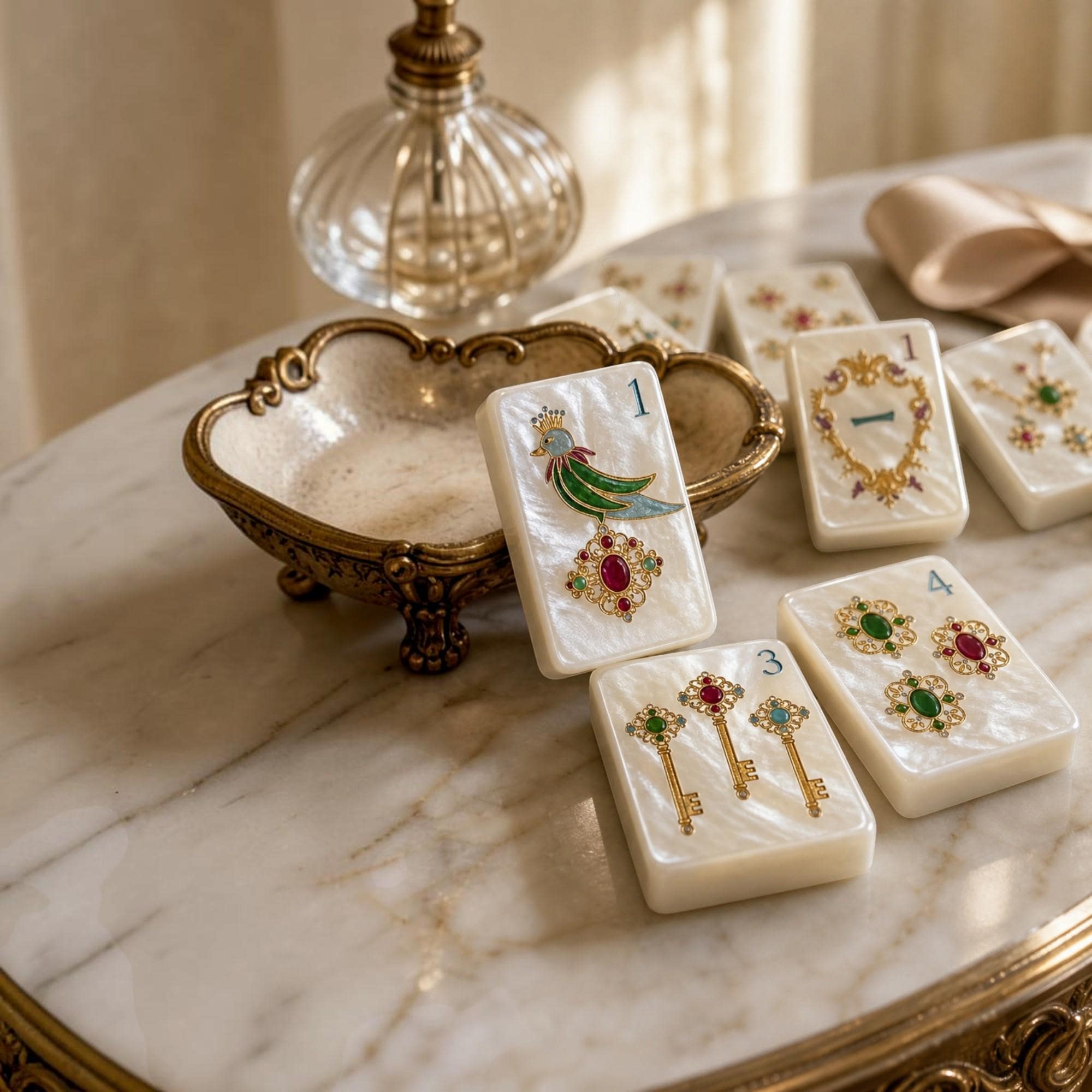 American Mahjong Set, 160 Pearlescent White Acrylic Tiles, Gold Filigree and Jewel-Inspired Designs - 7