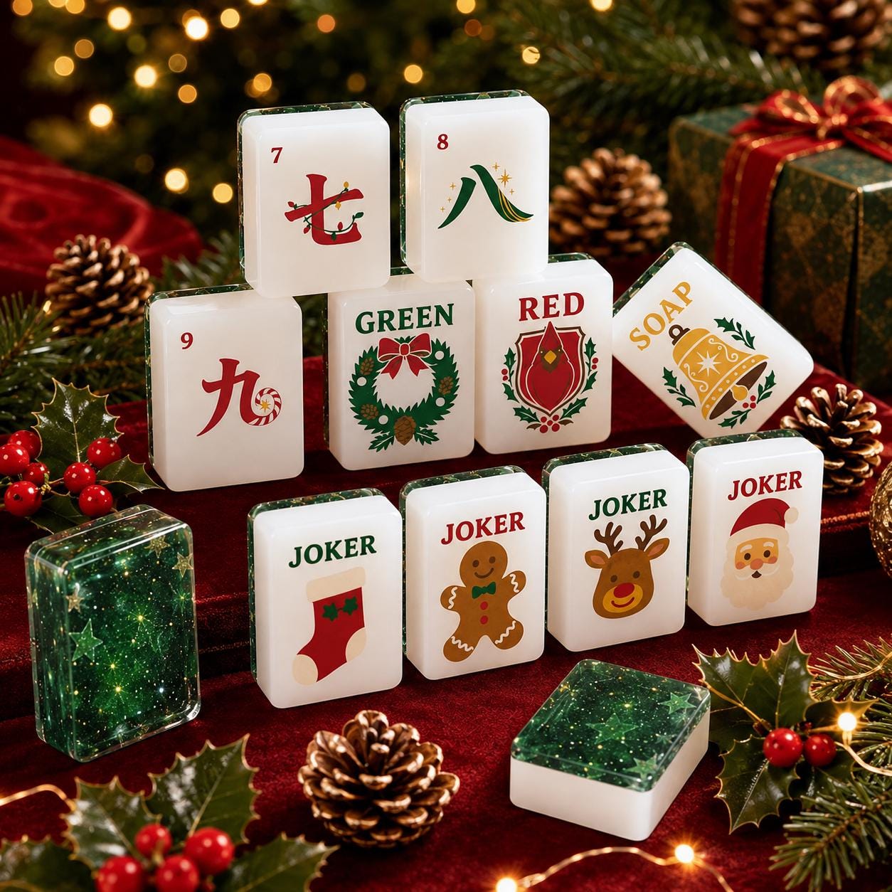 Christmas Mahjong Tiles Set, Green Glitter American Mahjong Tiles, Santa Reindeer Gingerbread Joker Tiles, Festive Holid