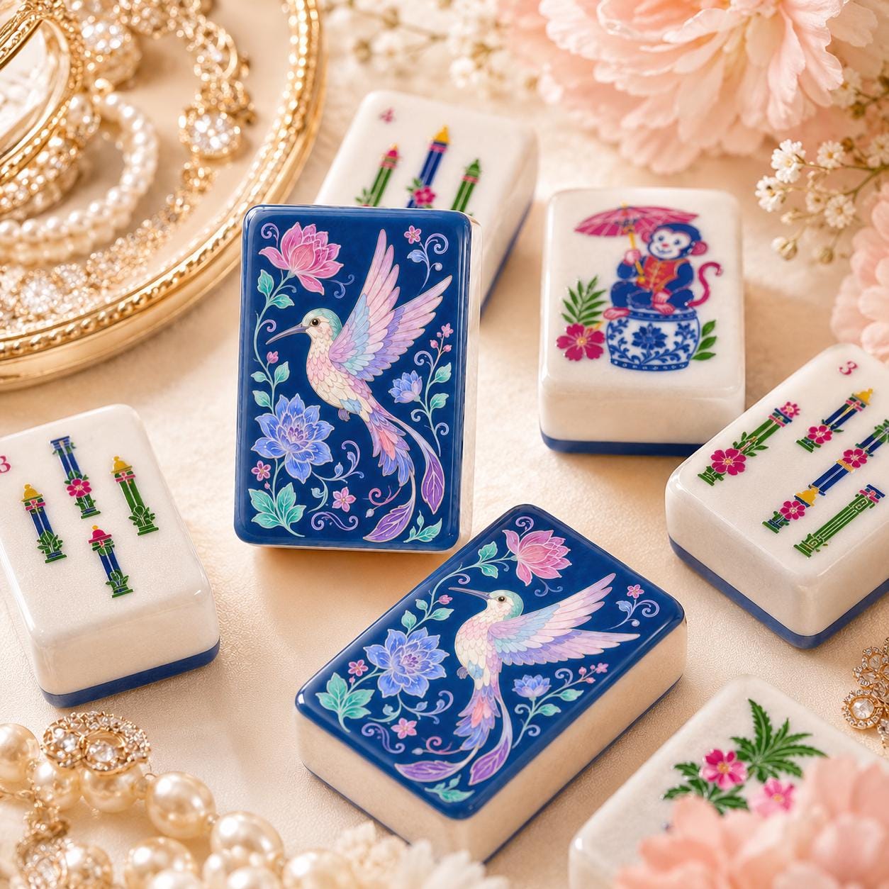 Floral Humming Bird Mahjong Tiles, Blue Marble American Mahjong Set, Pink Parasol Floral Acrylic Tiles, Grandmillennial