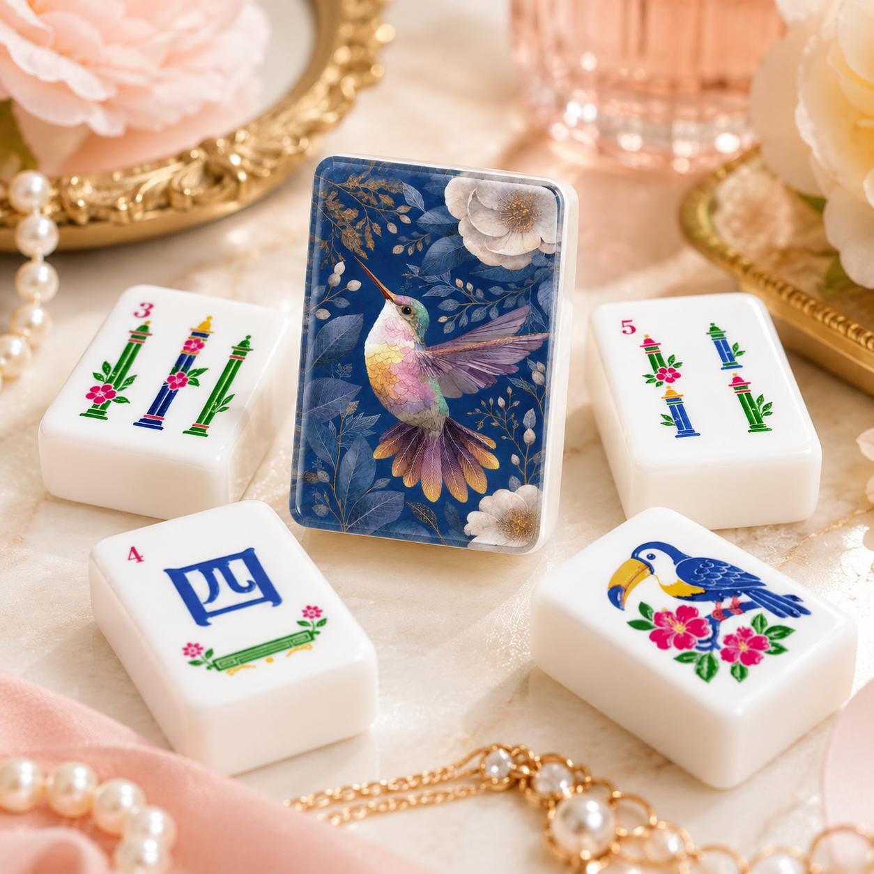 Humming Bird Mahjong Tiles, Blue Marble American Mahjong Set, Pink Parasol Floral Acrylic Tiles, Grandmillennial Mahjong