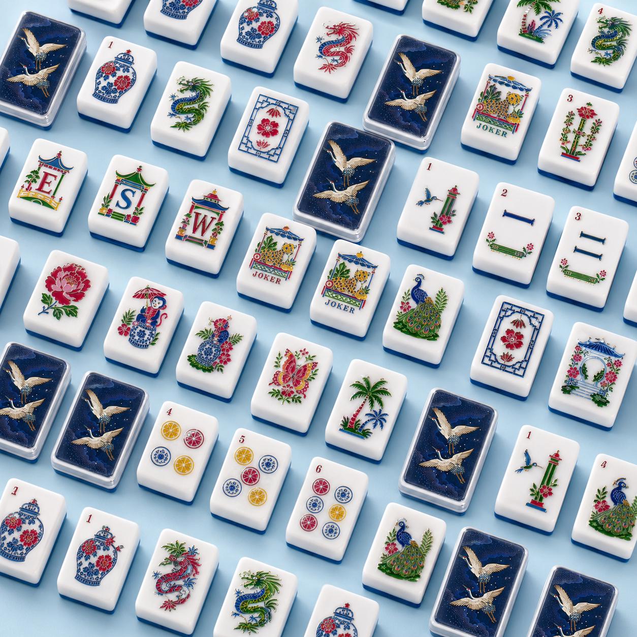 Blue White Chinoiserie Mahjong Tiles Set, Luxury Acrylic Mahjong Tiles, Peacock Floral American Mahjong Set, Elegant Ori
