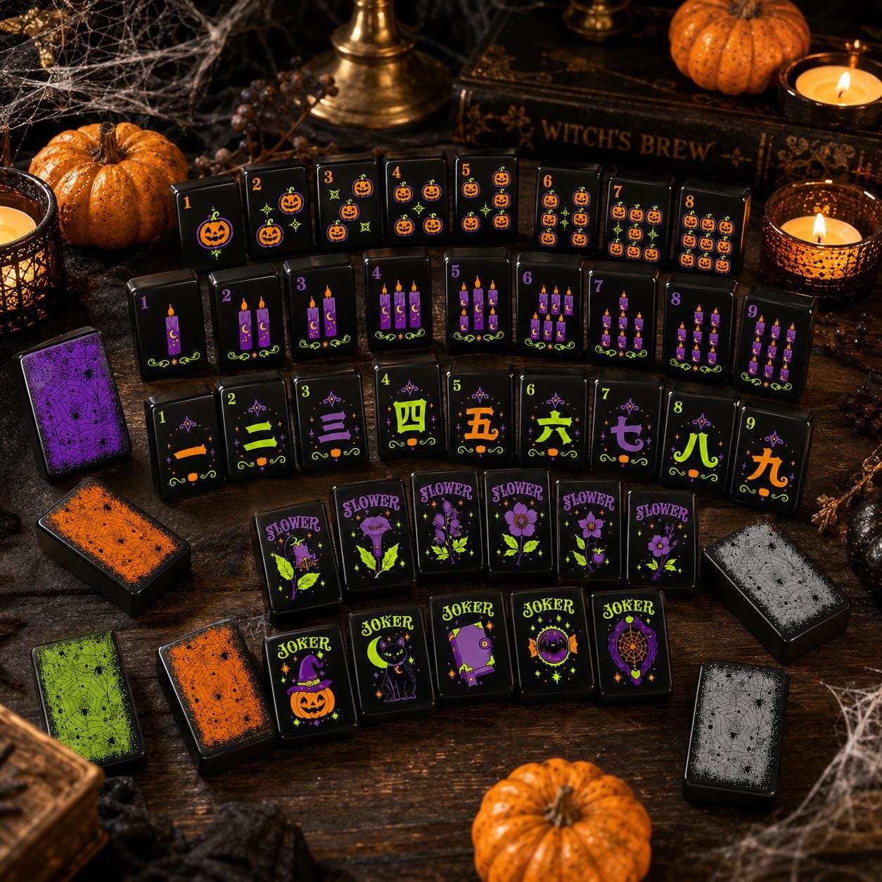 Halloween Mahjong Tiles Set, Spooky Acrylic Mahjong Tiles, Black Halloween American Mahjong Set, Witchy Pumpkin Mahjong