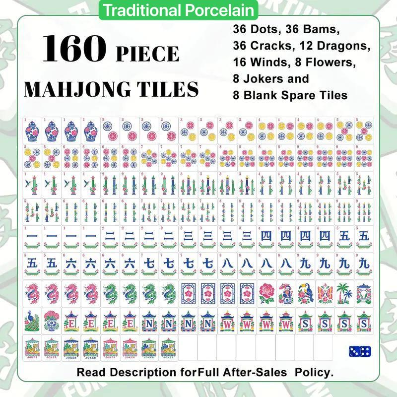 Blue Hummingbird Floral Mahjong Tiles Set, Elegant American Mah Jongg Game Set, 1.4 x 1.0 x 0.6 in 160pc Acrylic Mahjong