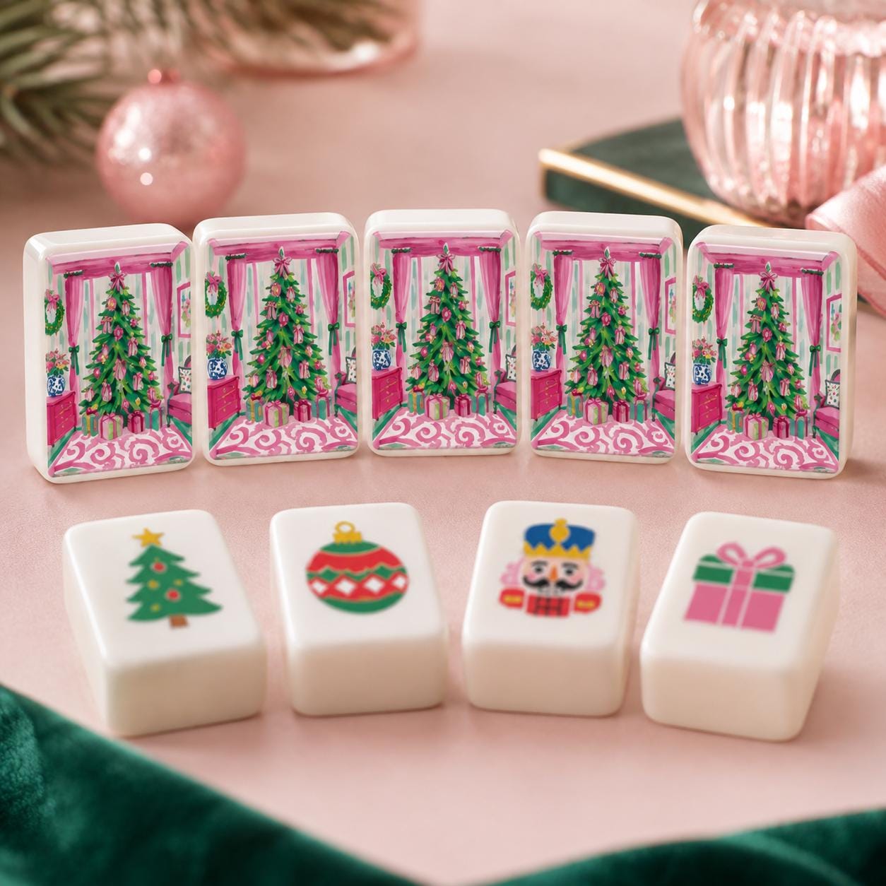 Pink Chinoiserie Christmas Mahjong Tiles Set | 1.4"x1.0"x0.6" Acrylic American Mah Jongg Tiles | 160 pc Holiday Mahjong