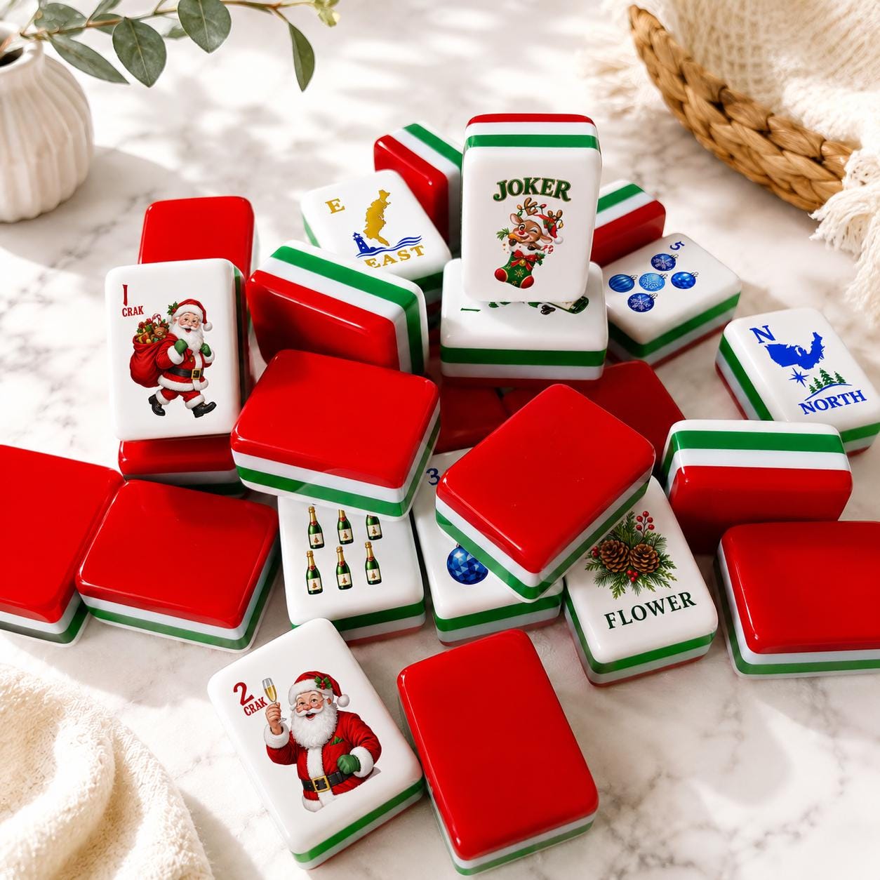 Santa Mahjong Party Set, Christmas Mah Jongg Tiles, 160-Piece American Mahjong Set, Holiday Game Night Gift for Women &
