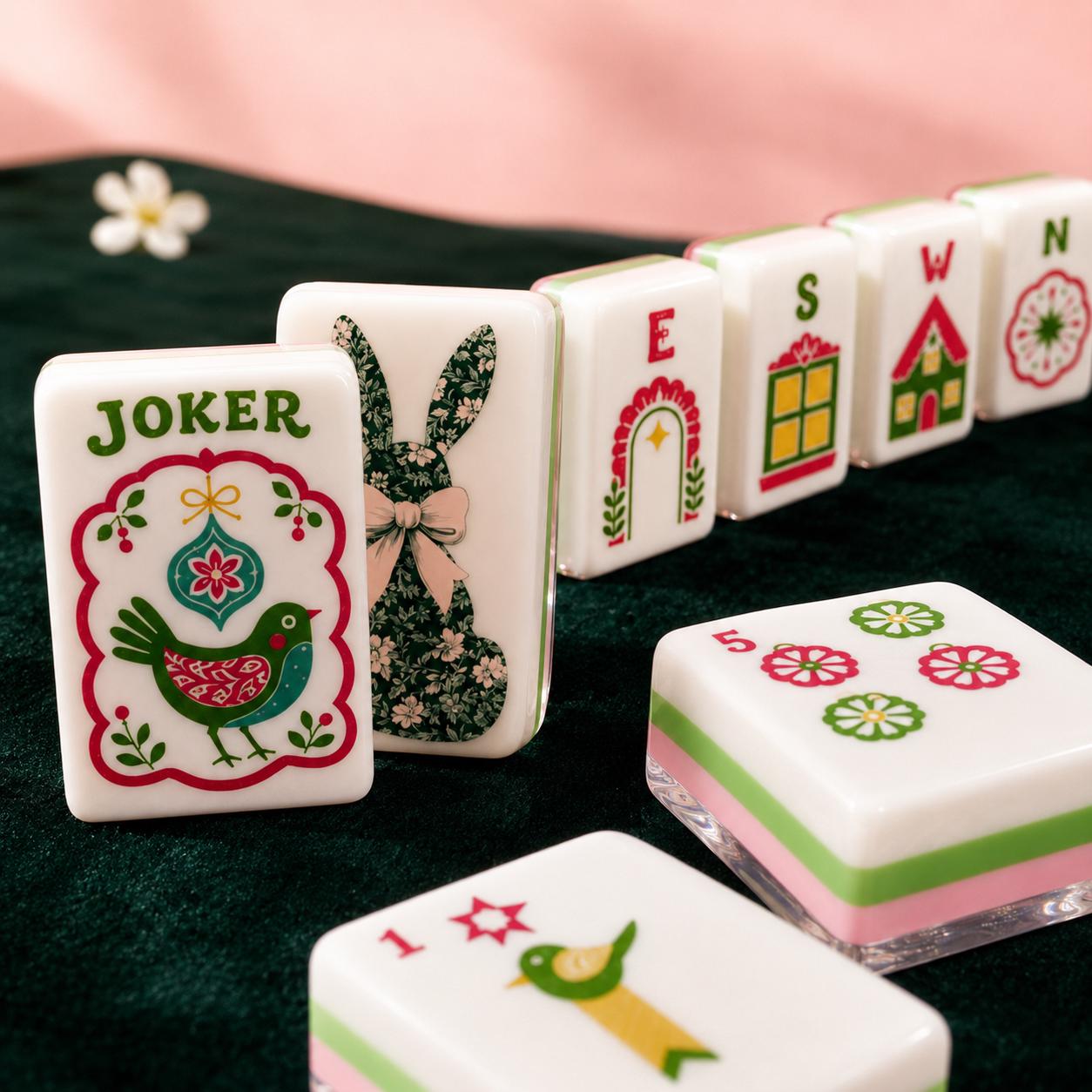 Floral Bunny Mahjong Tiles, Pink Green Rabbit Mahjong Set, Coquette Spring Mahjong Tiles, Cottagecore Mahjong Gift for H