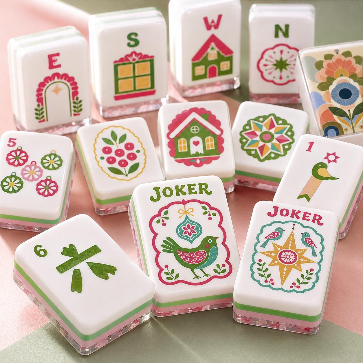 Retro Floral Mahjong Tiles, Mid Century Flower Mahjong Set, Pink Green Acrylic Game Tiles, Colorful Vintage Mahjong Love