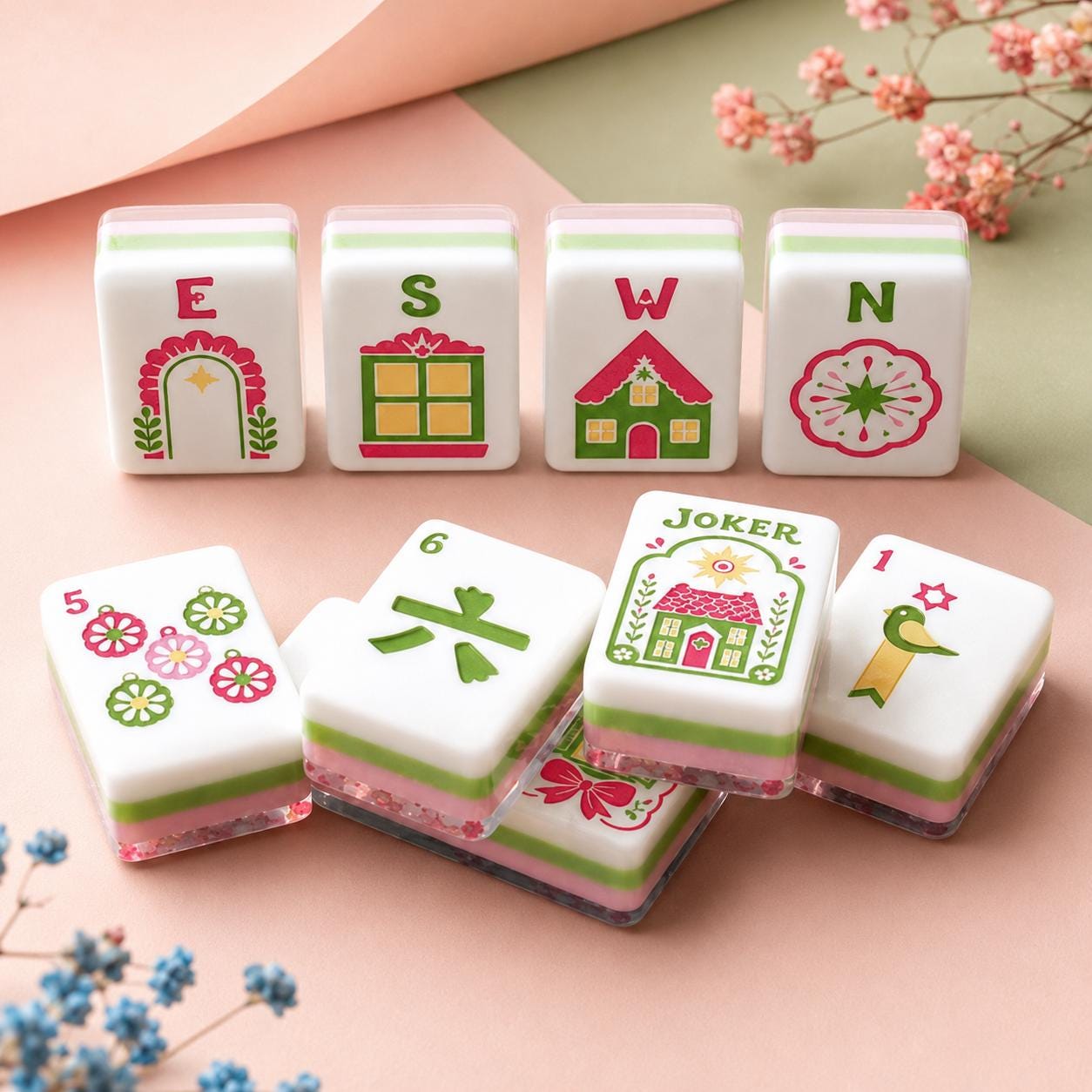 Leopard Mahjong Tiles Set, 4 Layer Acrylic Mahjong Tiles, Colorful Folk Art Jungle Mahjong Set, Pink Green Mahjong Tiles